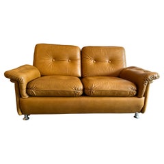 Mid Century Dutch Modern tufted puffy cognac Leather loveseat sofa 1970