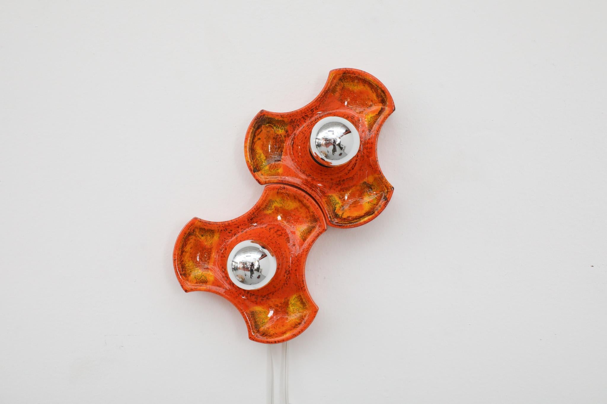 Mid-Century Modern Mid-Century Dutch Orange Ceramic Interlocking Sculptural Wall Tile Sconces For Sale