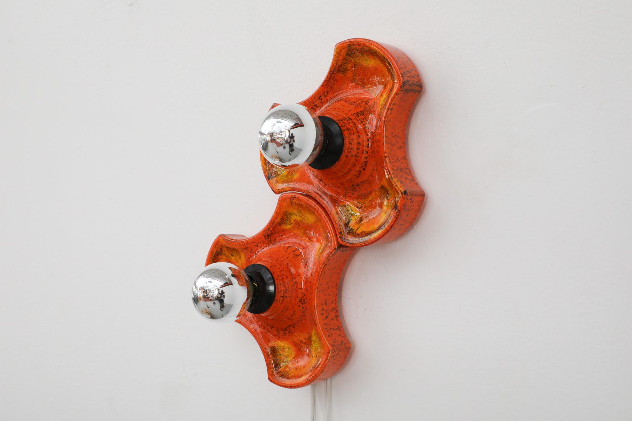 Mid-Century Dutch Orange Ceramic Interlocking Sculptural Wall Tile Sconces In Good Condition For Sale In Los Angeles, CA
