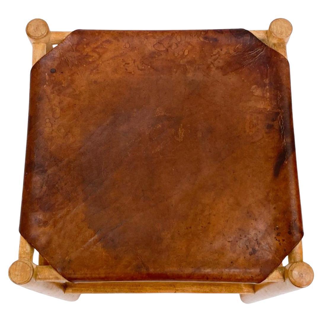 Woodwork Mid Century Dutch sling Safari leather stool by Ate Van Apeldoorn For Sale