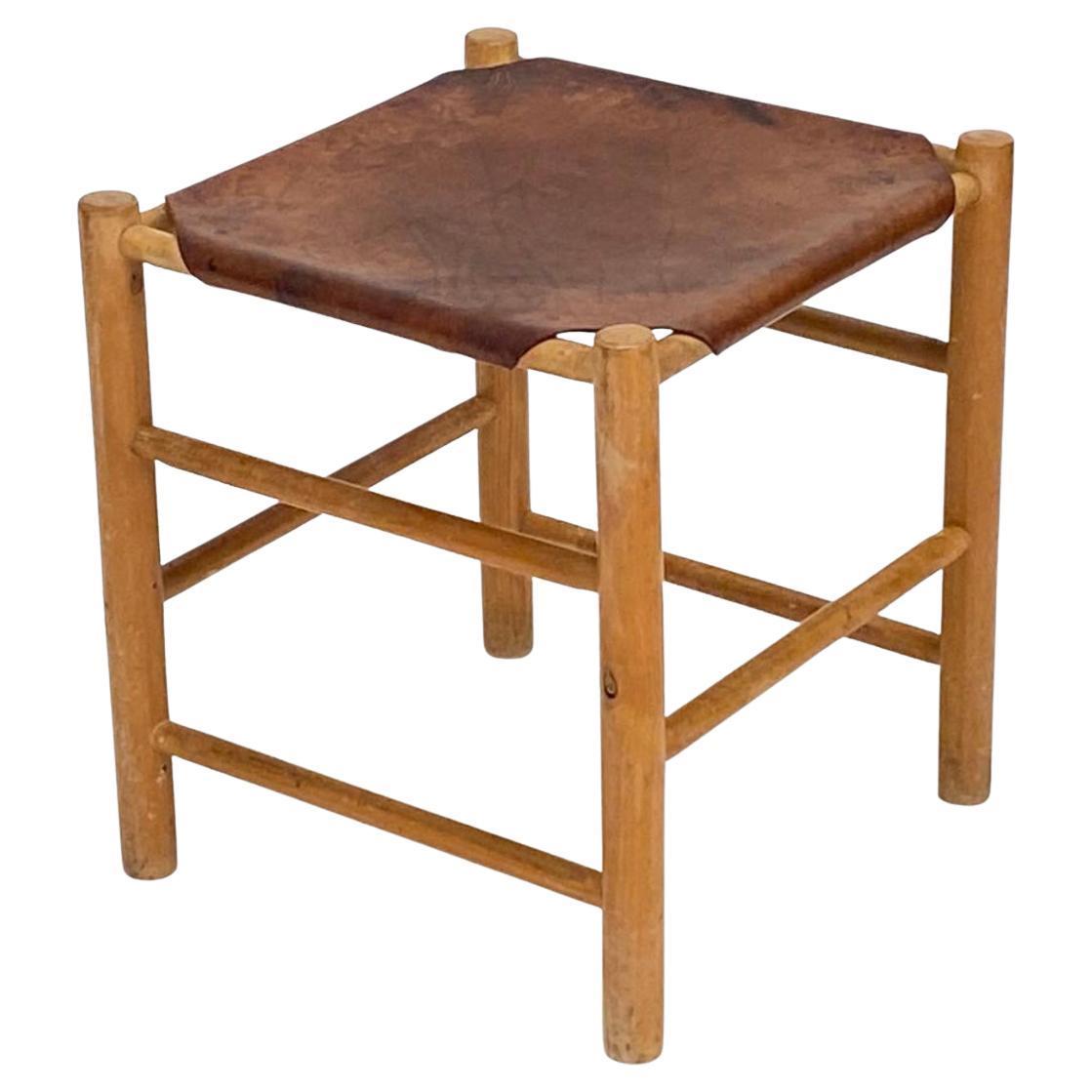 Mid Century Dutch sling Safari leather stool by Ate Van Apeldoorn For Sale