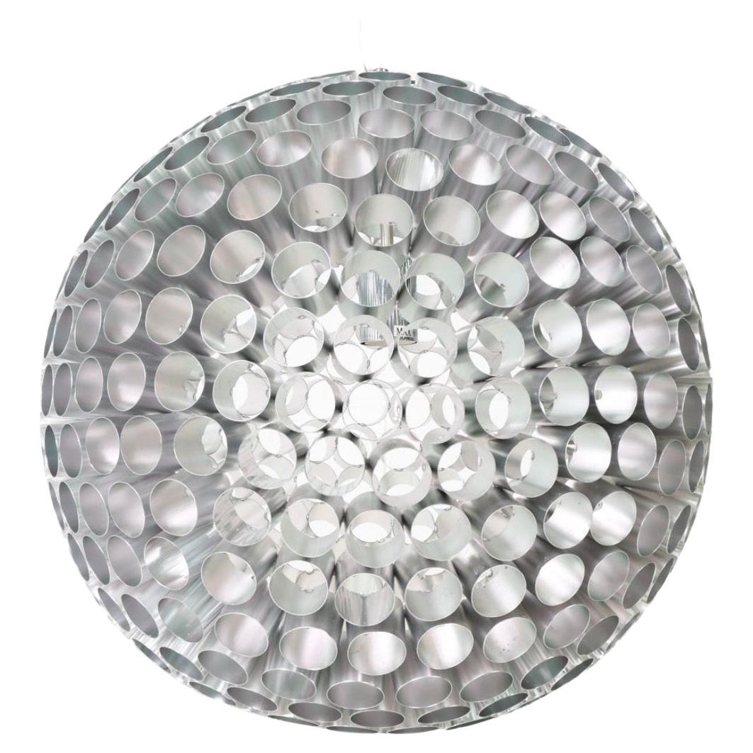 Mid century Dutch space age aluminum tube globe pendant lamp 18 inch