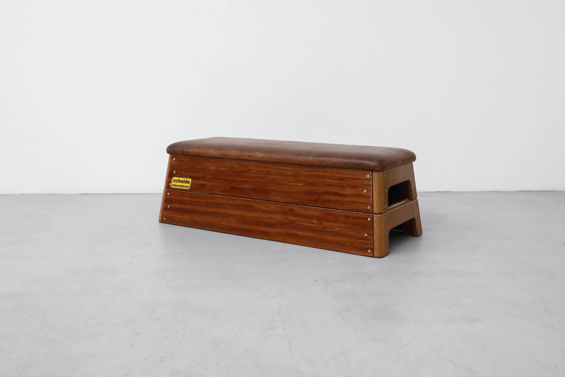 Panca da ginnastica impilata in Oak e Teak della metà del secolo scorso con piano in pelle in vendita 1