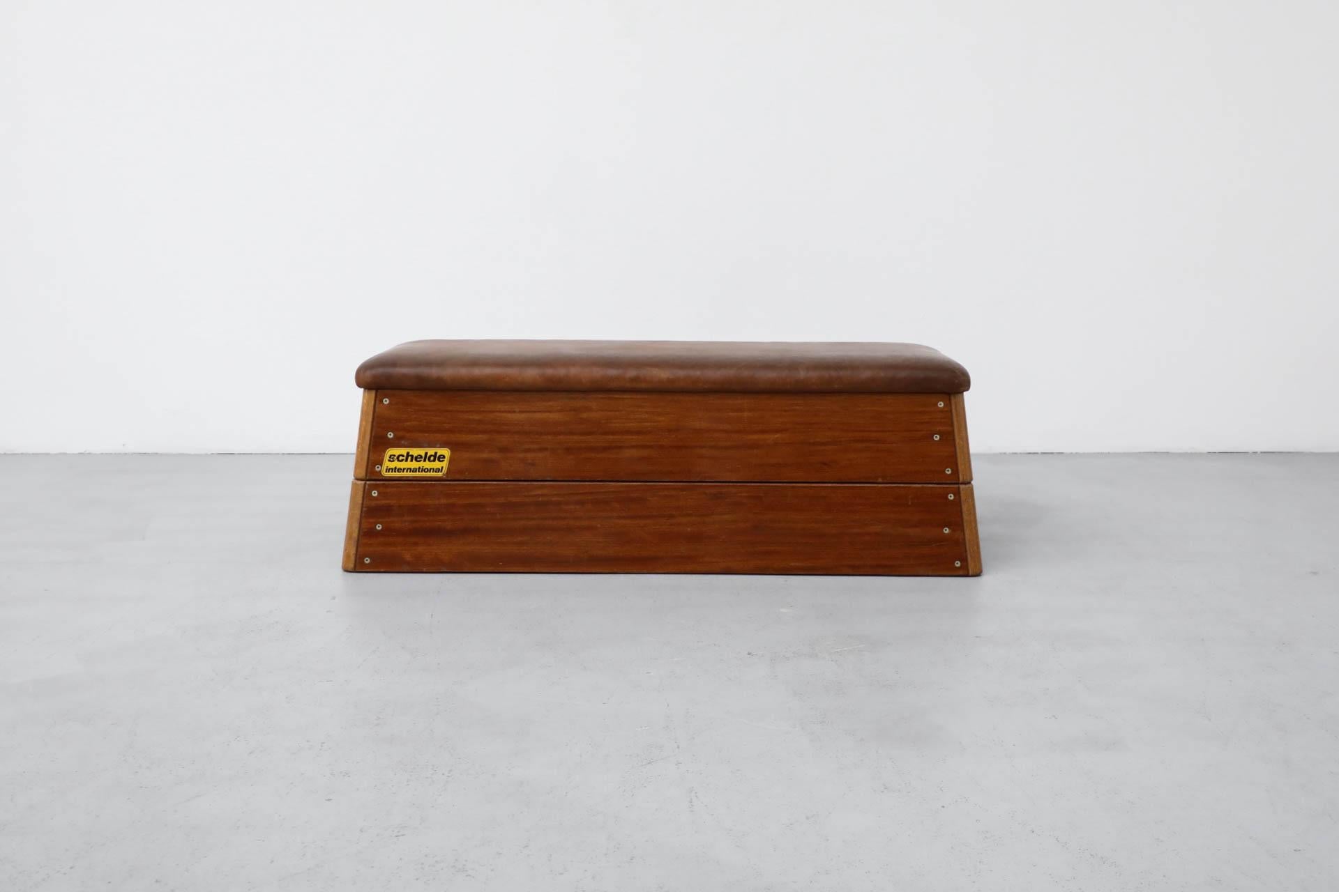 Panca da ginnastica impilata in Oak e Teak della metà del secolo scorso con piano in pelle in vendita 2