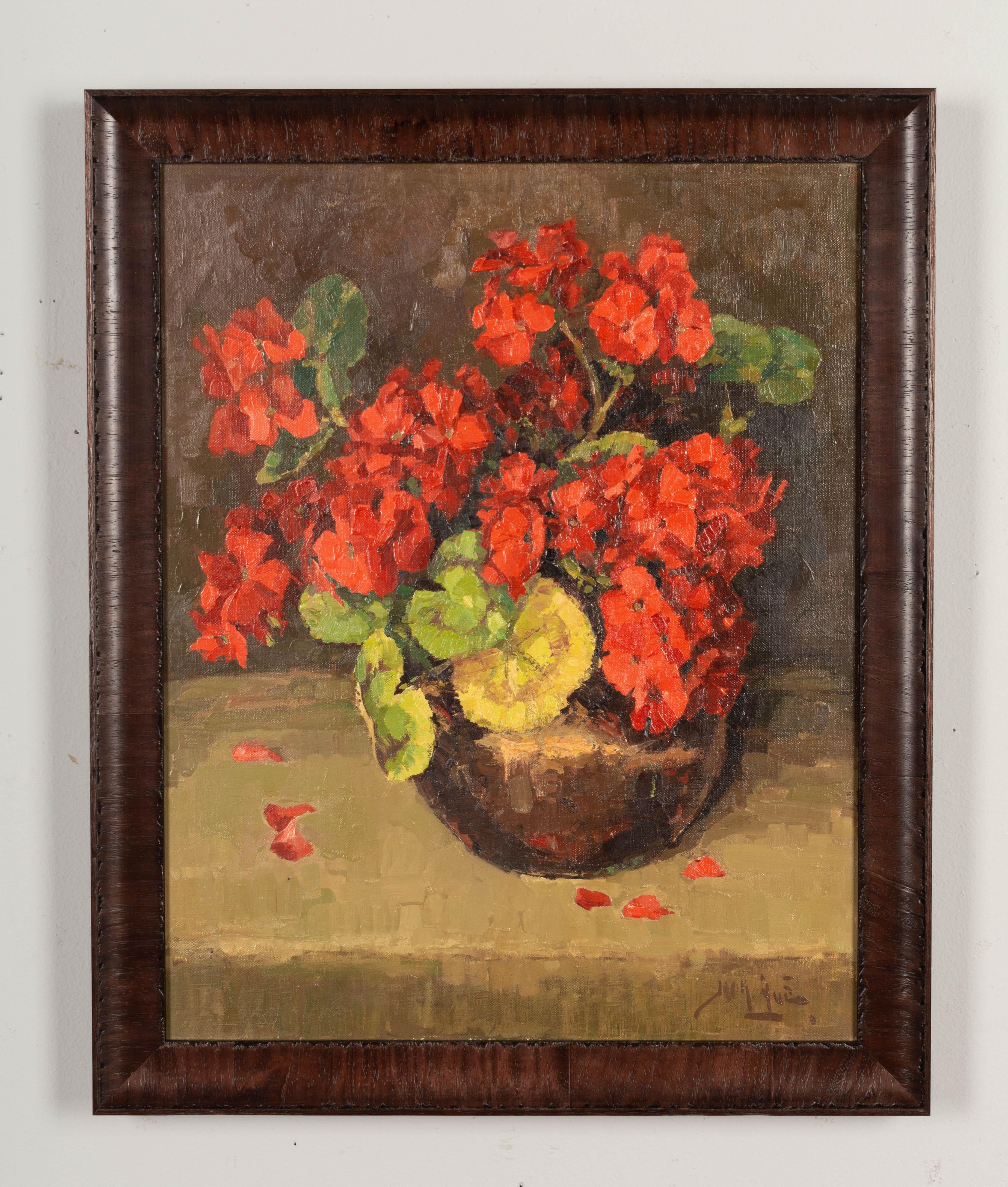 A Dutch still life painting of a pot of geraniums. Beautiful vibrant color. Oil on canvas. Illegible signature lower right. New frame.