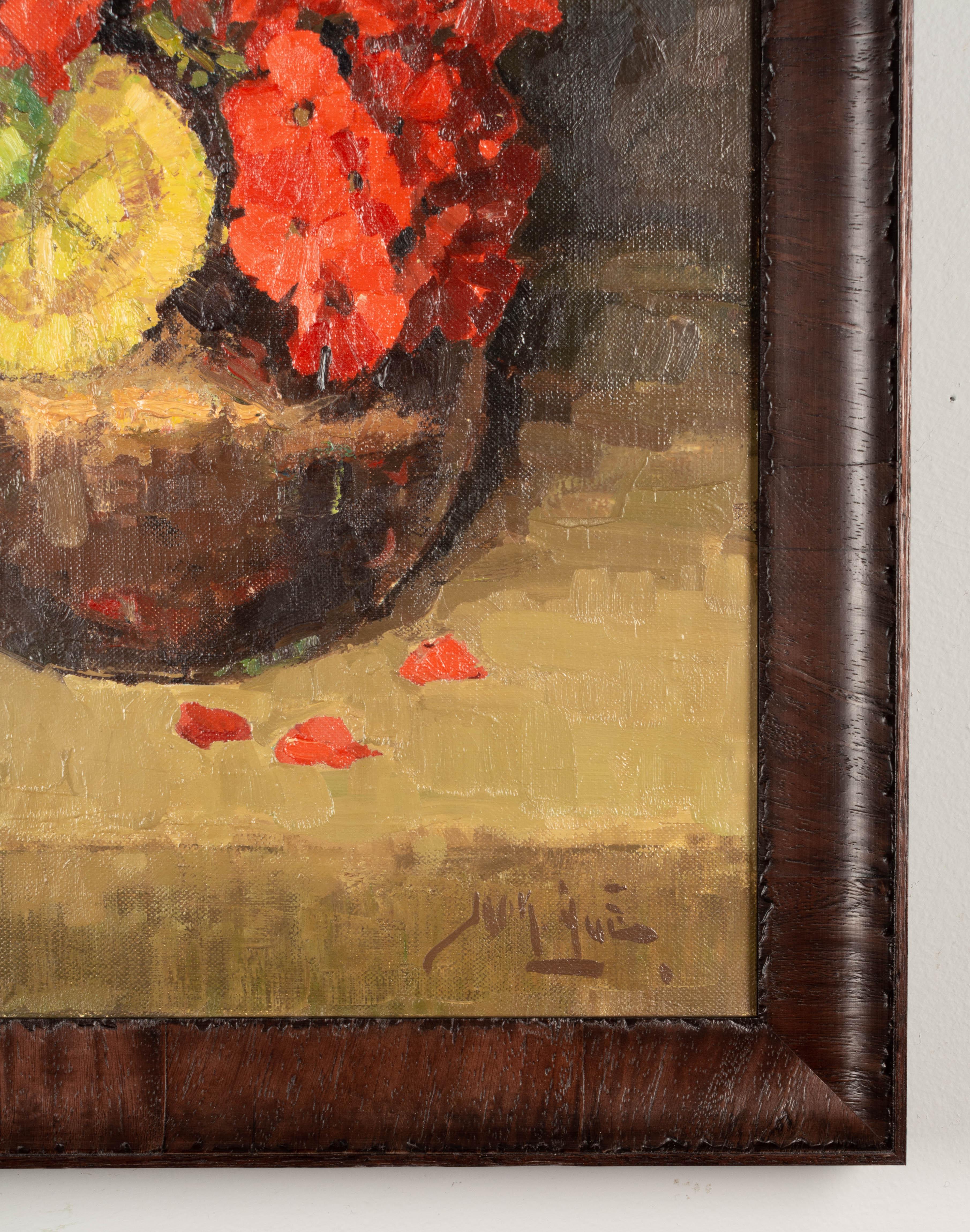 Hand-Painted Mid-Century Dutch Still Life Painting of Geraniums For Sale