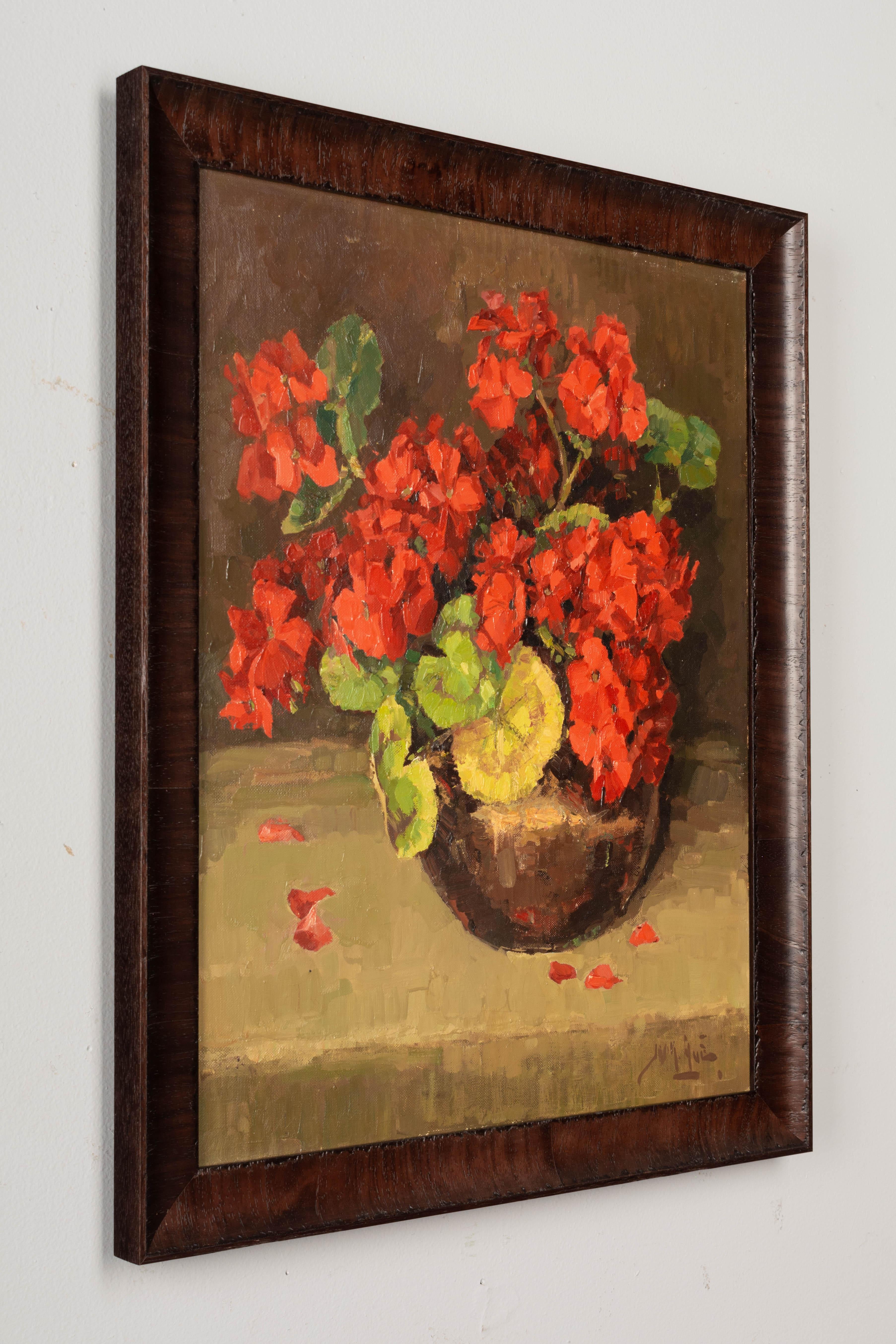 Mid-Century Dutch Still Life Painting of Geraniums In Good Condition For Sale In Winter Park, FL