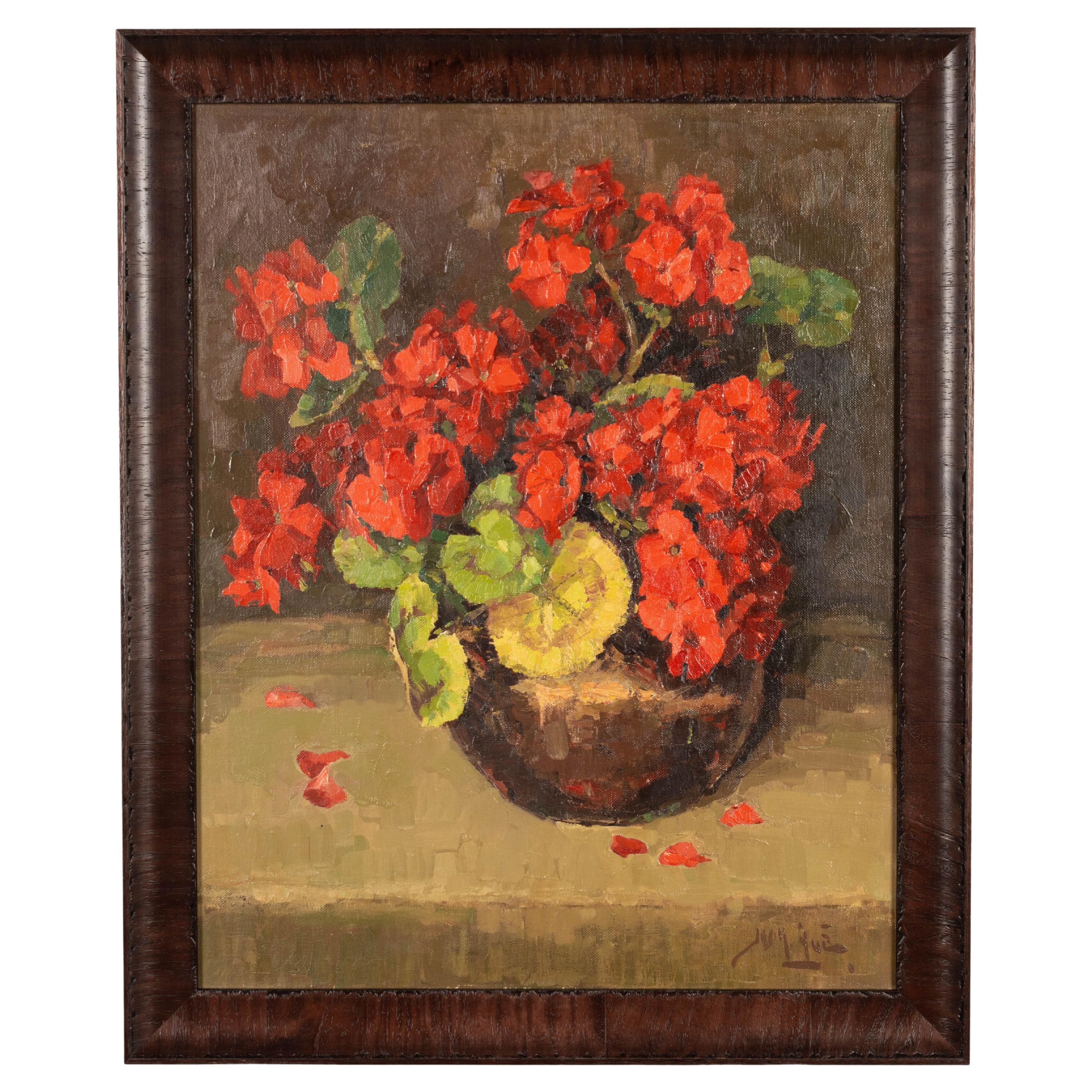 Mid-Century Dutch Still Life Painting of Geraniums