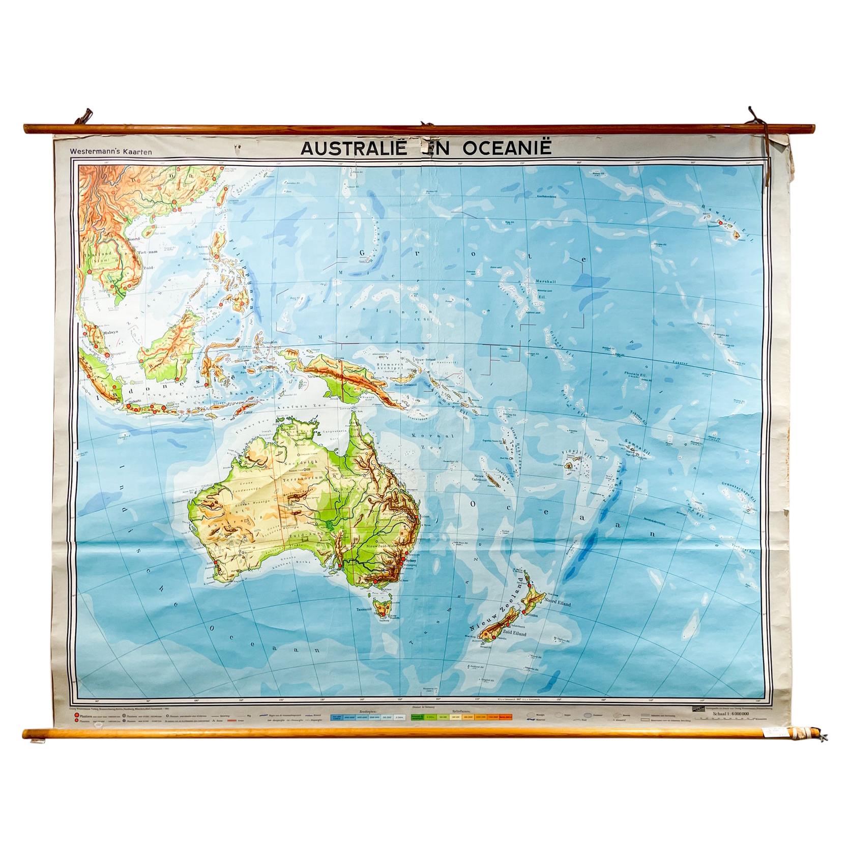 Mid-Century Dutch Topographical Wall Map of Australia and Oceania on Linen For Sale