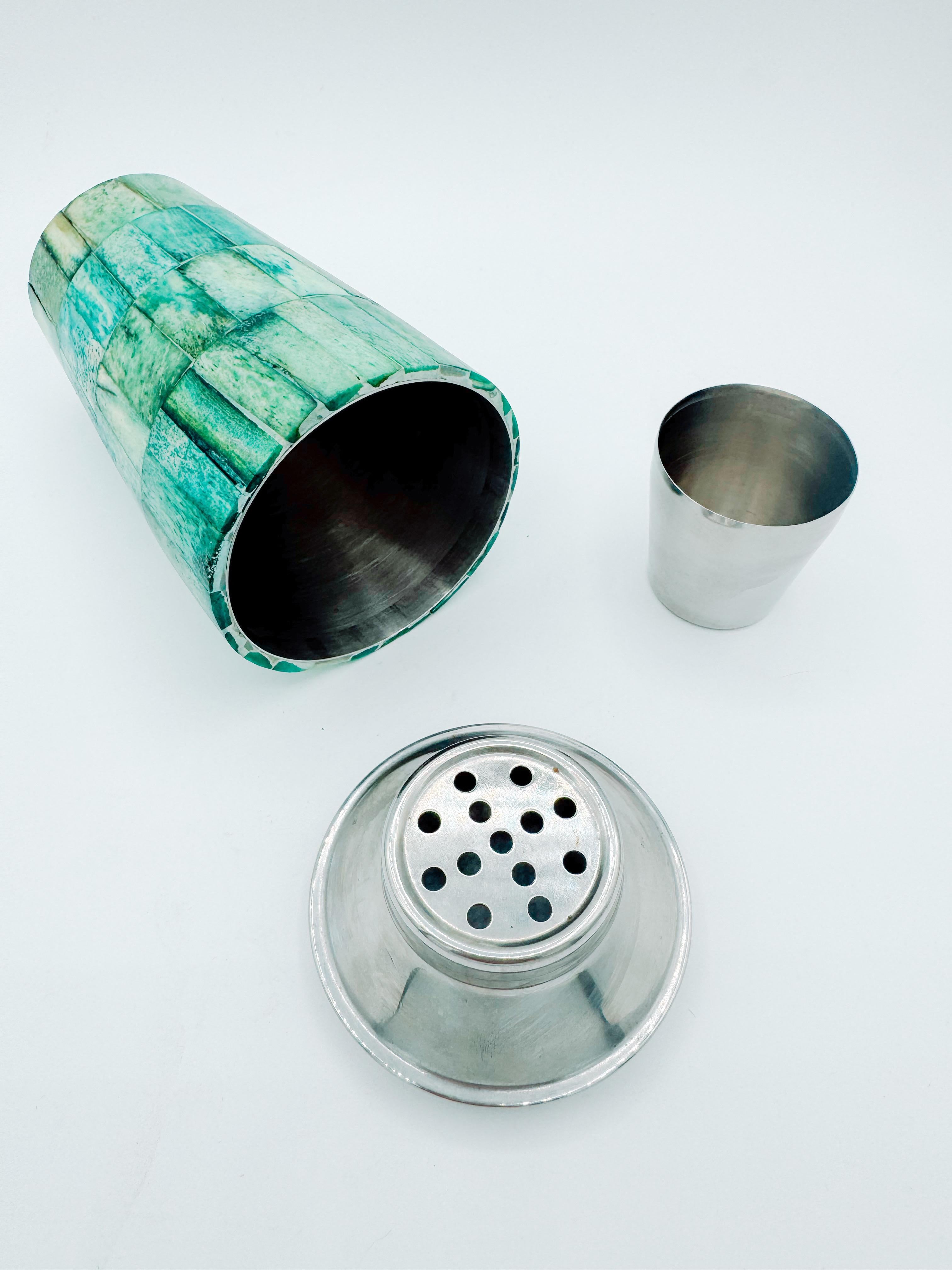 Mid-Century Modern Mid-Century Dyed Wood Mosaic Cocktail Shaker with Stainless Steel Top For Sale