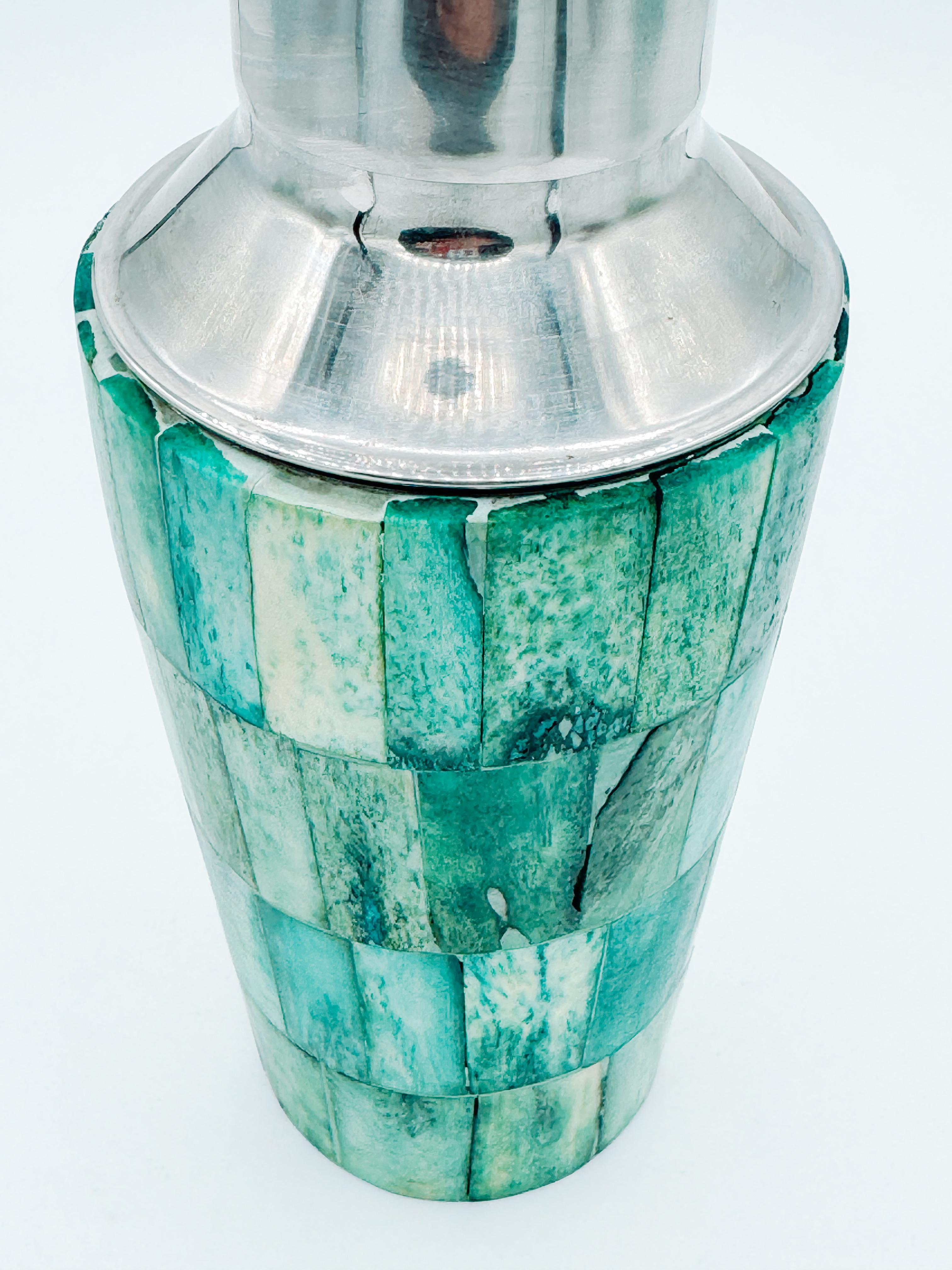 Mid-Century Dyed Wood Mosaic Cocktail Shaker with Stainless Steel Top For Sale 1