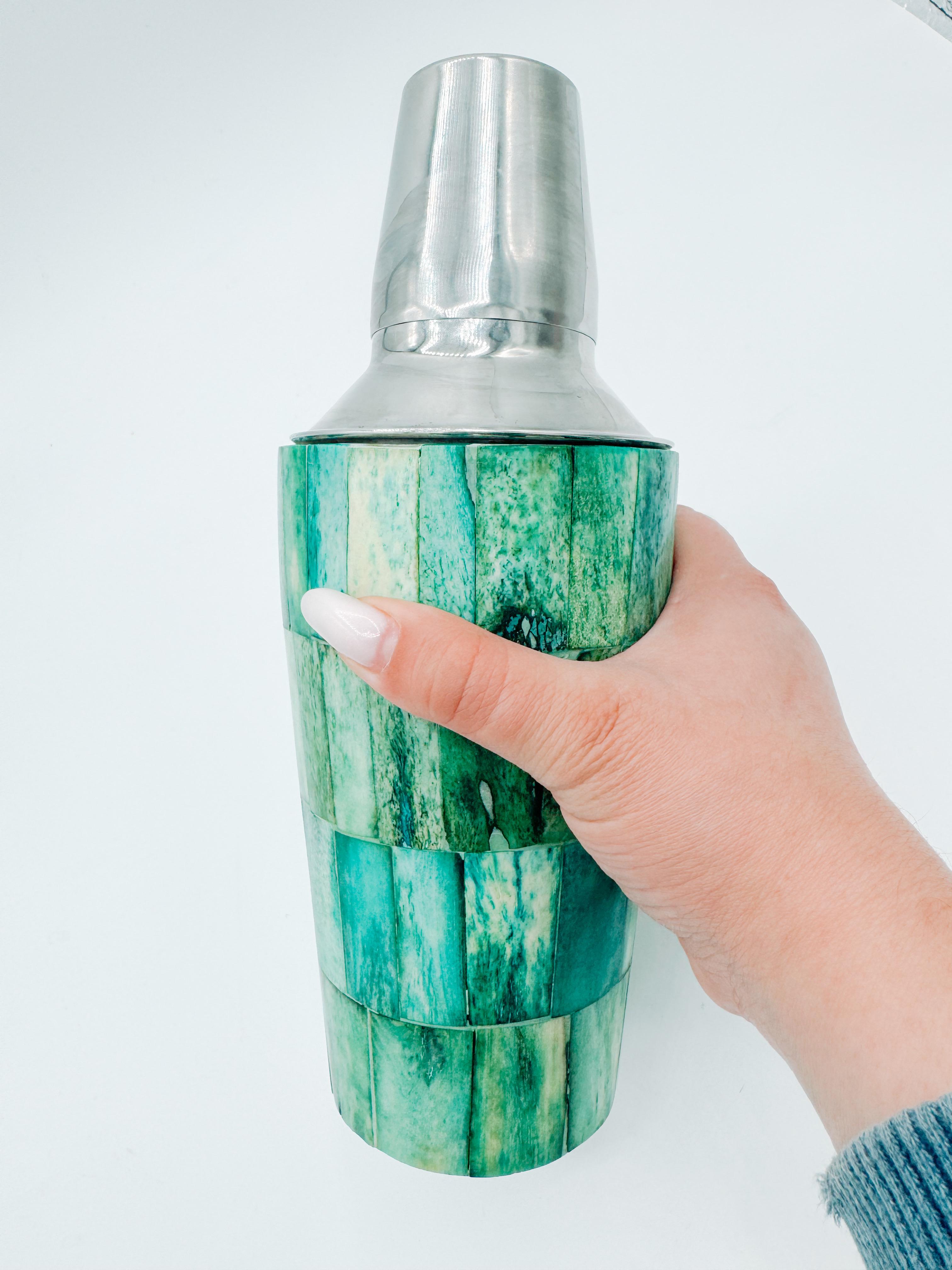 Mid-Century Dyed Wood Mosaic Cocktail Shaker with Stainless Steel Top For Sale 2