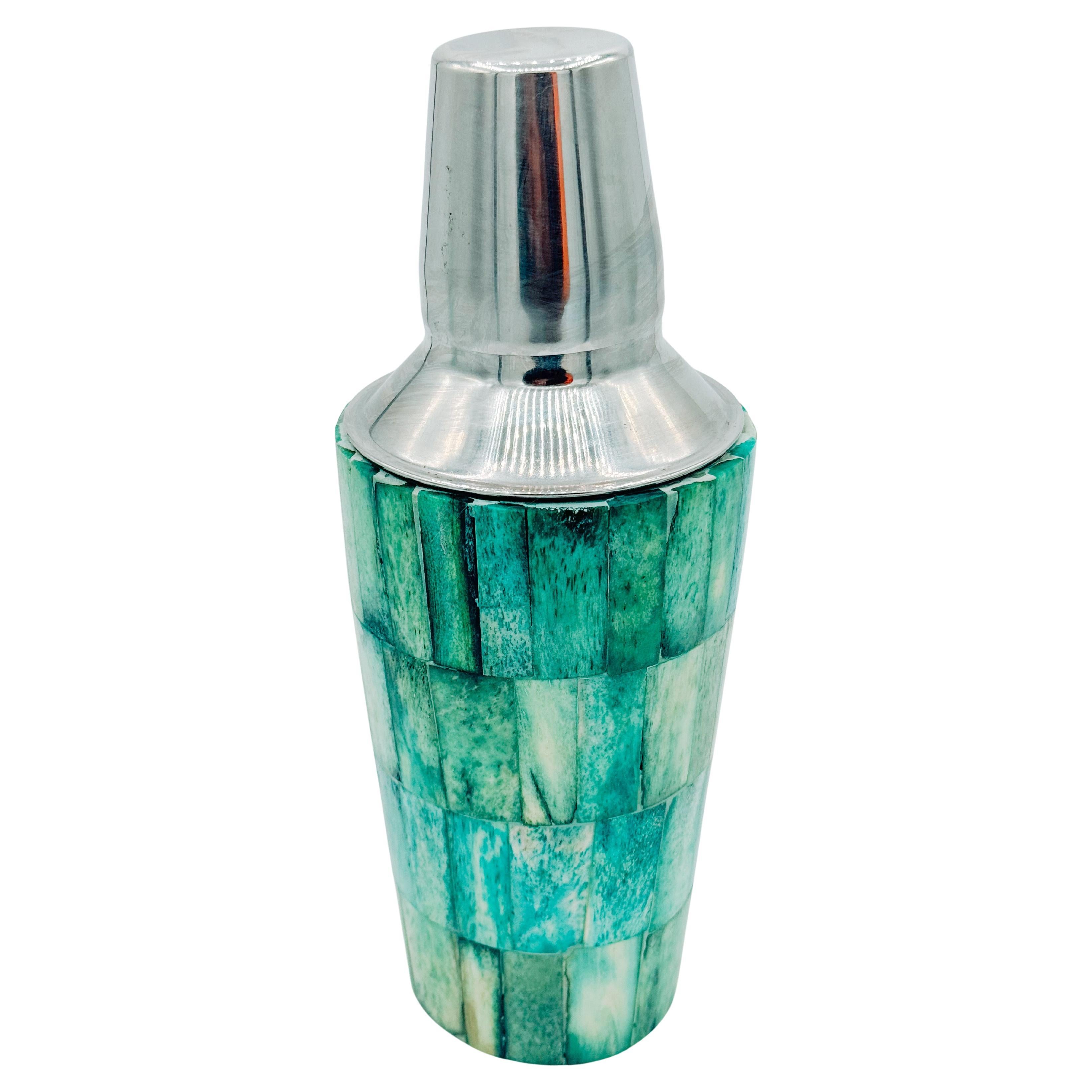 Mid-Century Dyed Wood Mosaic Cocktail Shaker with Stainless Steel Top For Sale