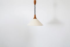 Mid-Century Dyrlund Pendant Lamp, Tapered Linen Shade, Teak Canopy