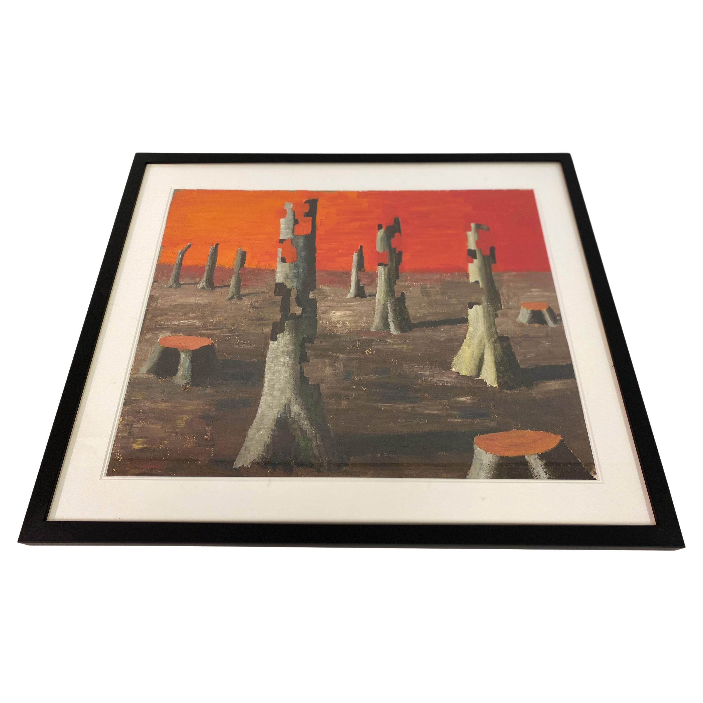Mid Century Dystopian Surrealist Oil Painting For Sale