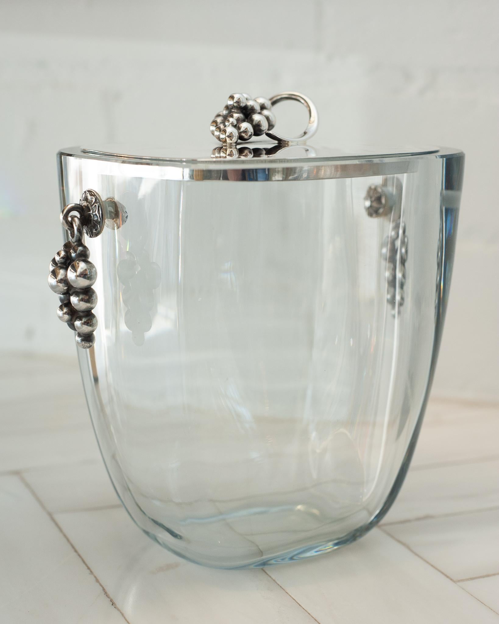 Danish Mid Century E. Dragsted Crystal and Sterling Silver Ice Bucket with Grape Motifs