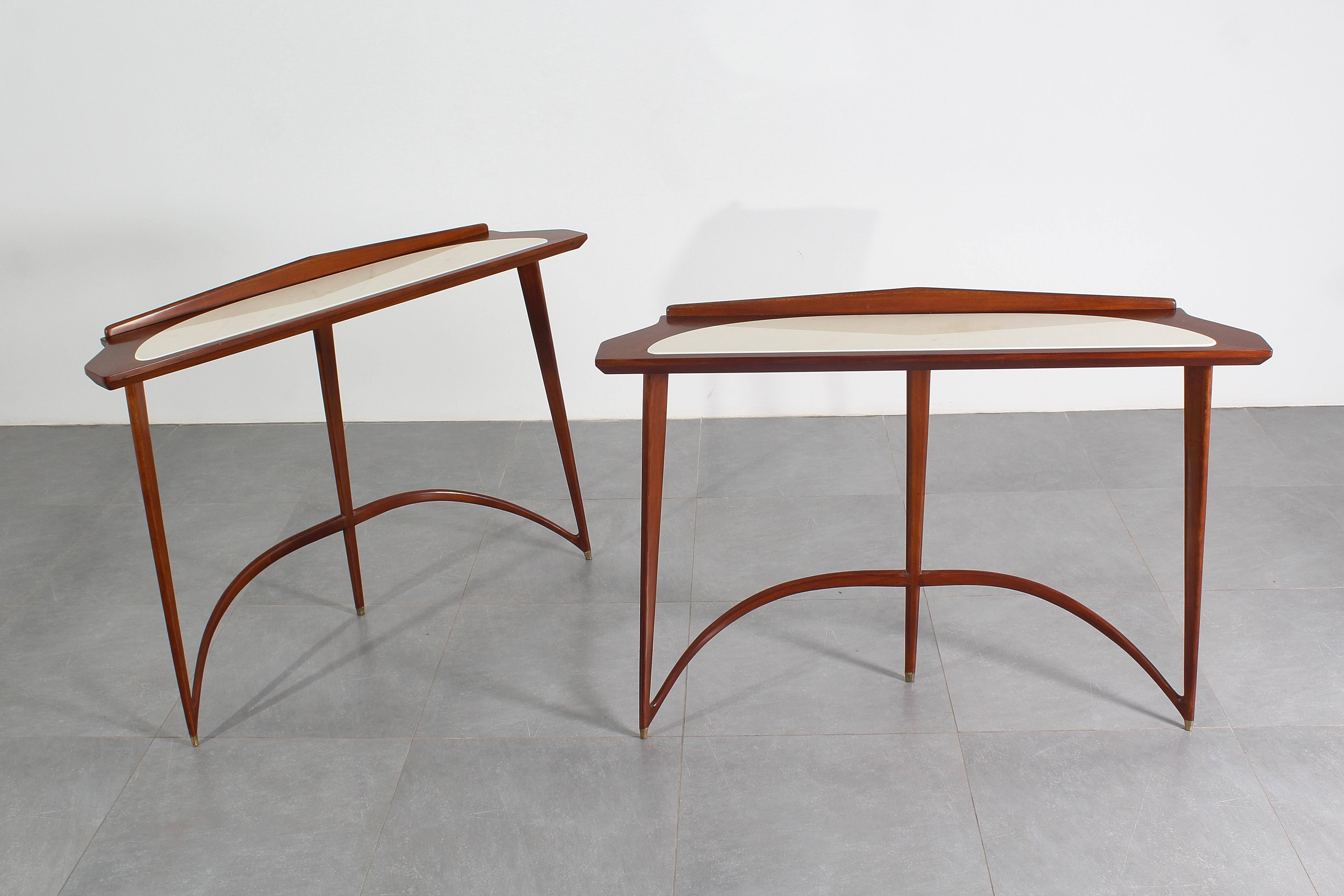 Mid-Century Modern Mid-Century E. Rava Set of 2 Wood, Marble Console Table, 1950s, Italy For Sale