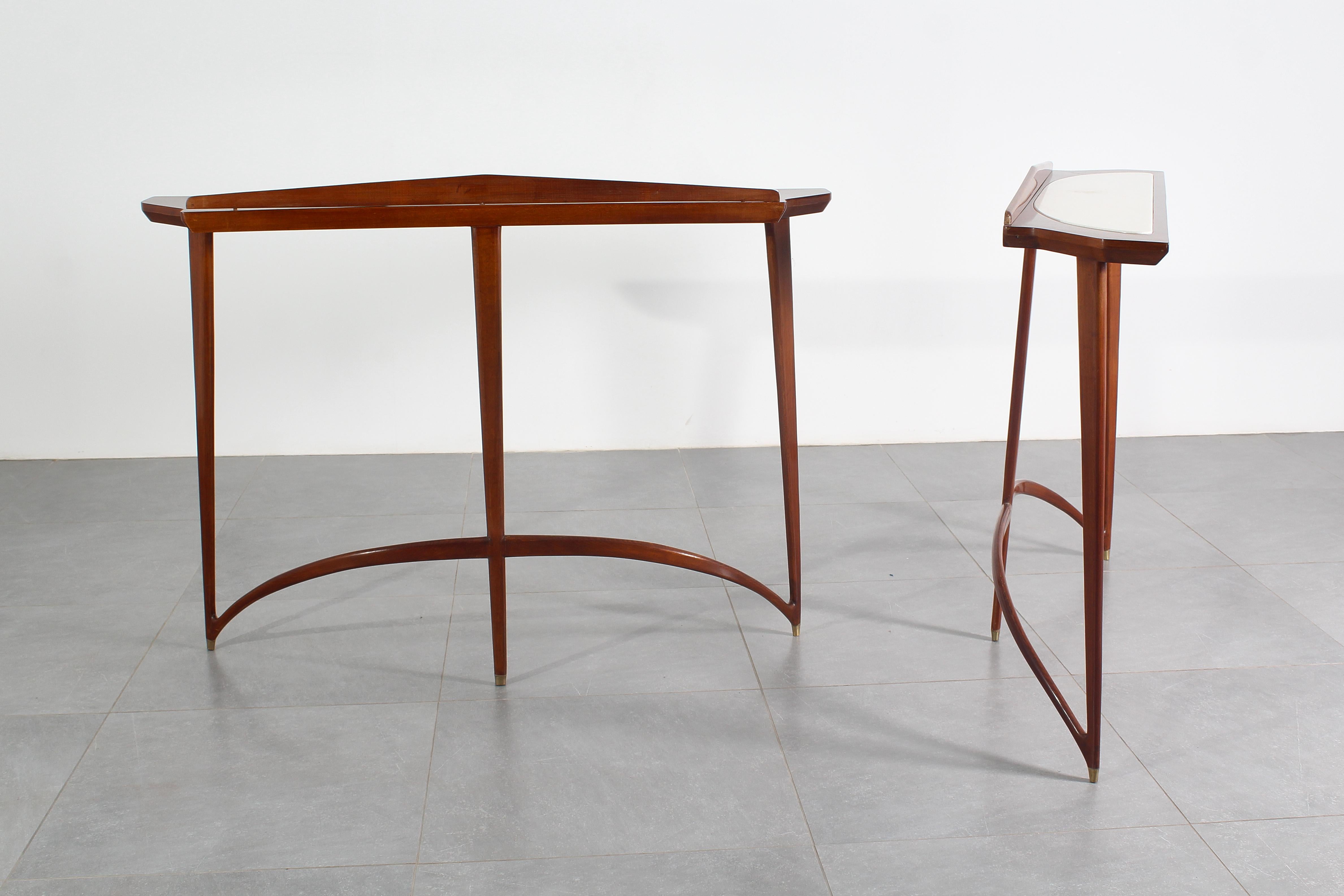 Italian Mid-Century E. Rava Set of 2 Wood, Marble Console Table, 1950s, Italy For Sale