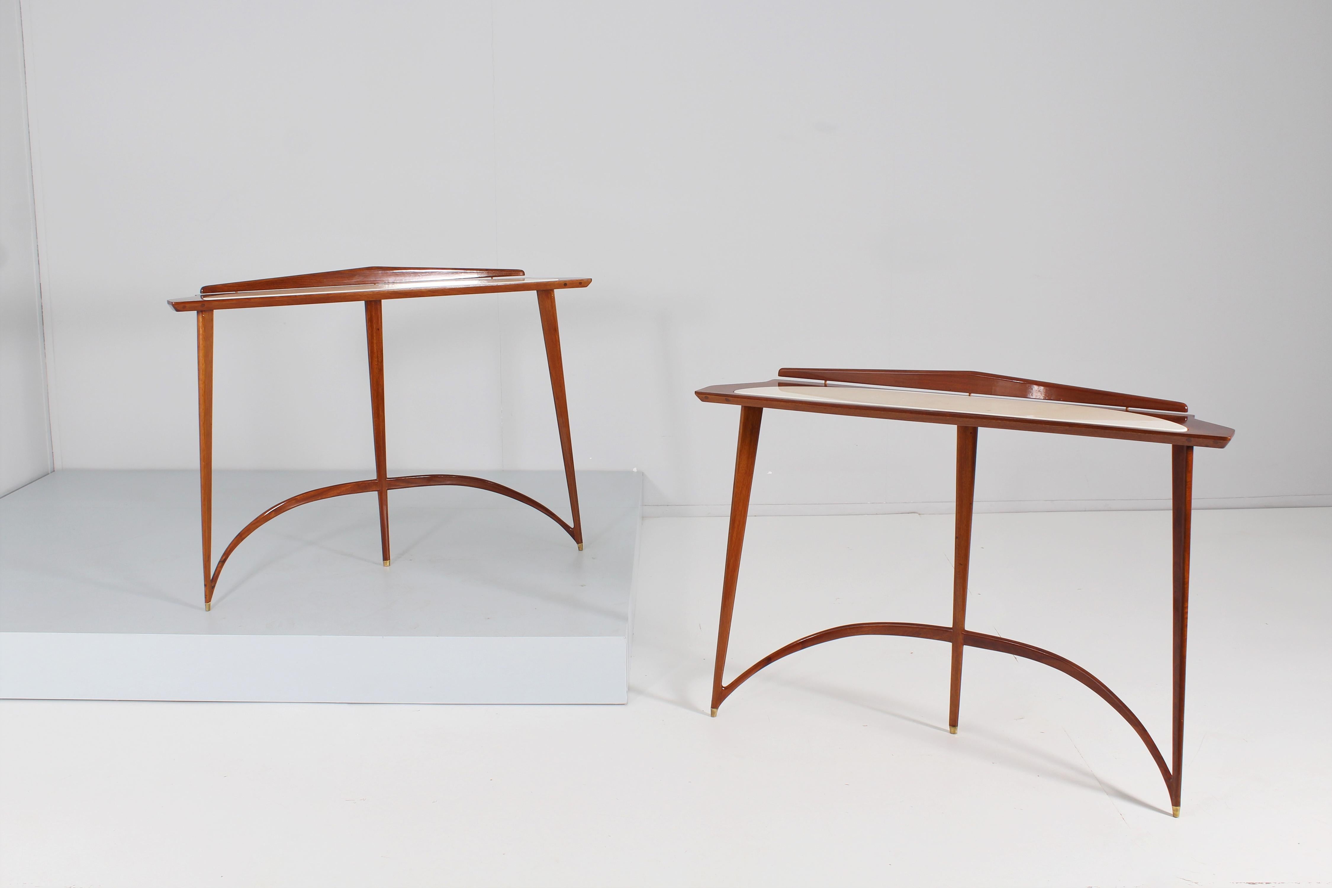 Mid-Century E. Rava Set of 2 Wood, Marble Console Table, 1950s, Italy In Good Condition In Palermo, IT
