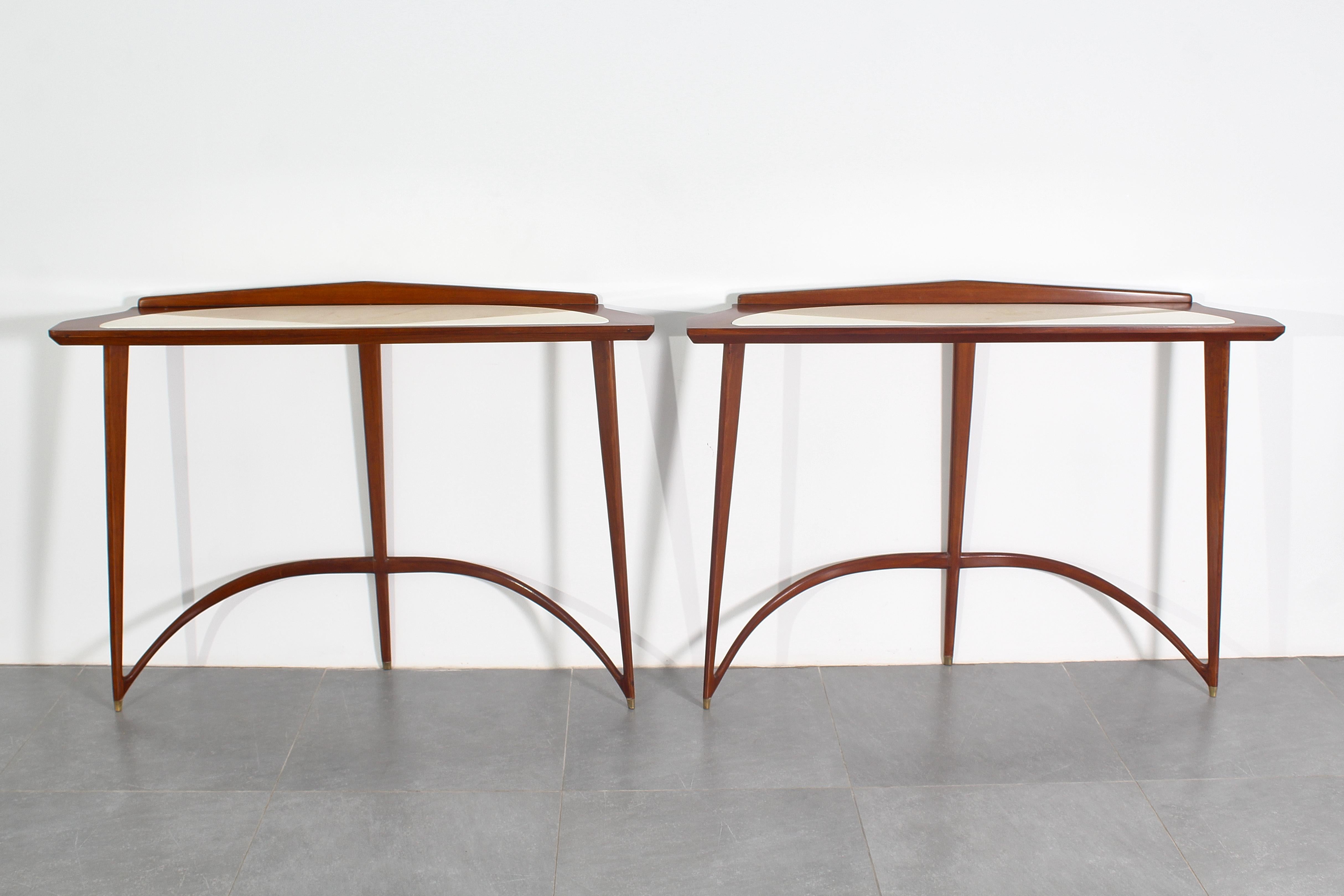 Mid-Century E. Rava Set of 2 Wood, Marble Console Table, 1950s, Italy In Good Condition For Sale In Palermo, IT