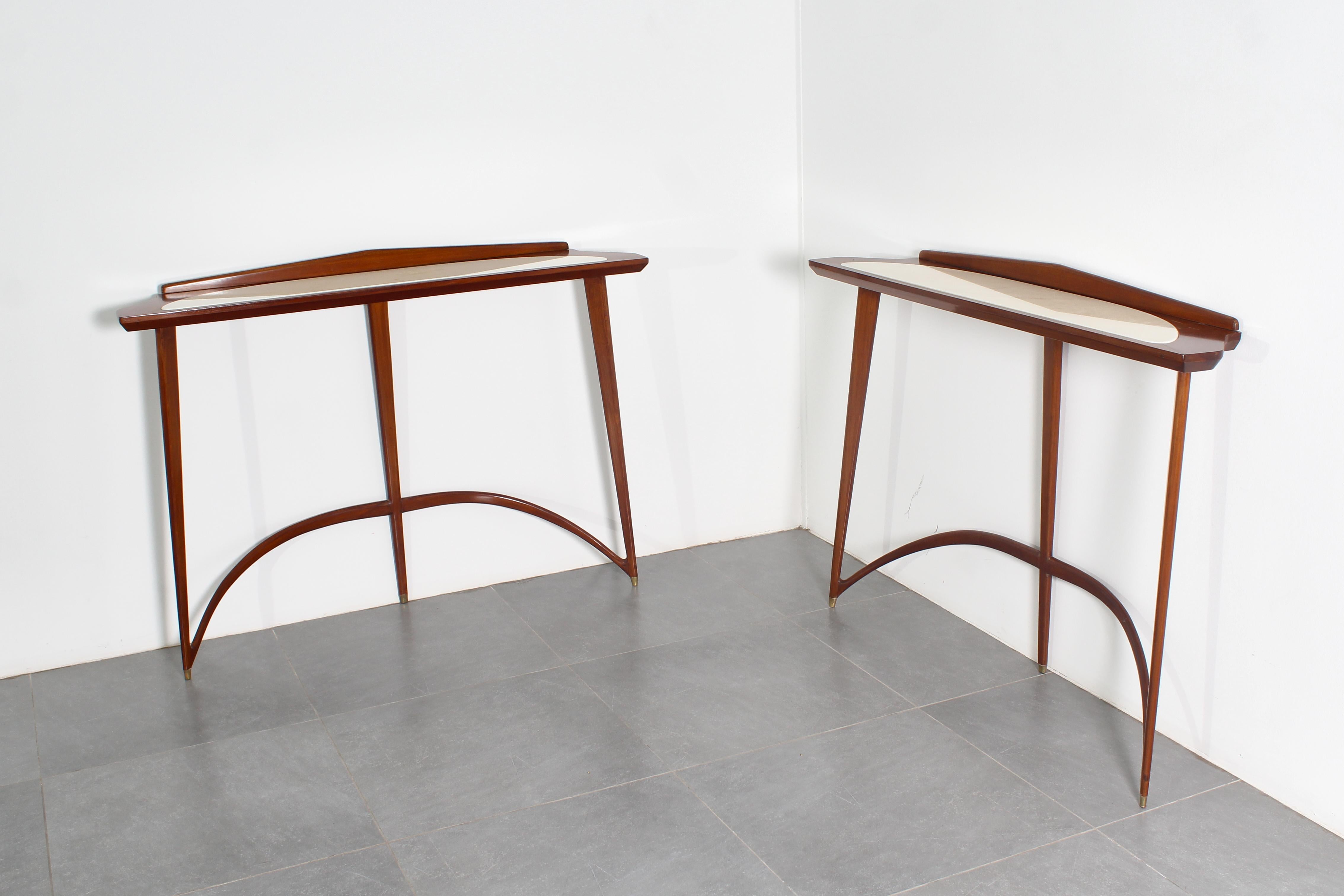 Mid-20th Century Mid-Century E. Rava Set of 2 Wood, Marble Console Table, 1950s, Italy For Sale
