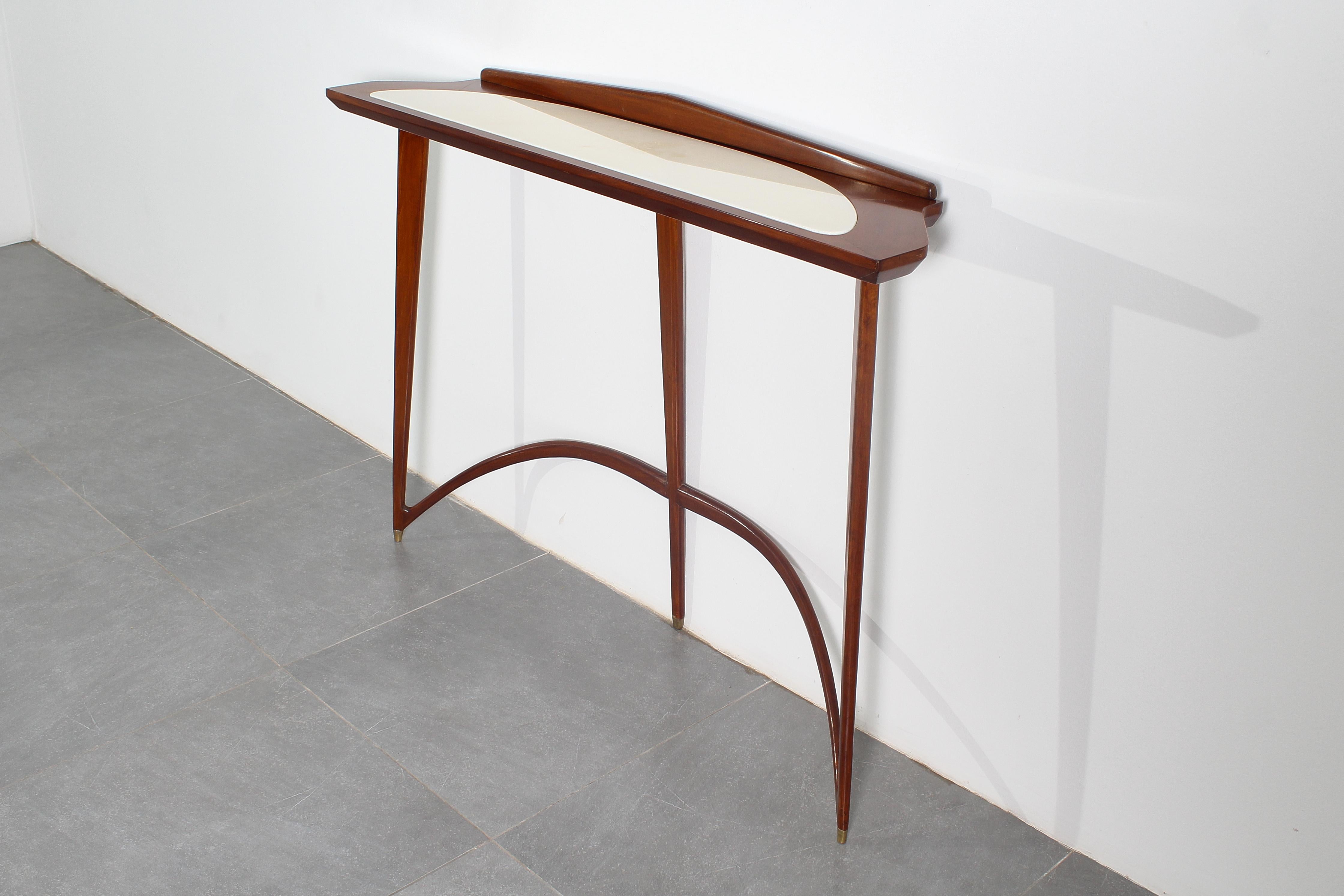Brass Mid-Century E. Rava Set of 2 Wood, Marble Console Table, 1950s, Italy For Sale