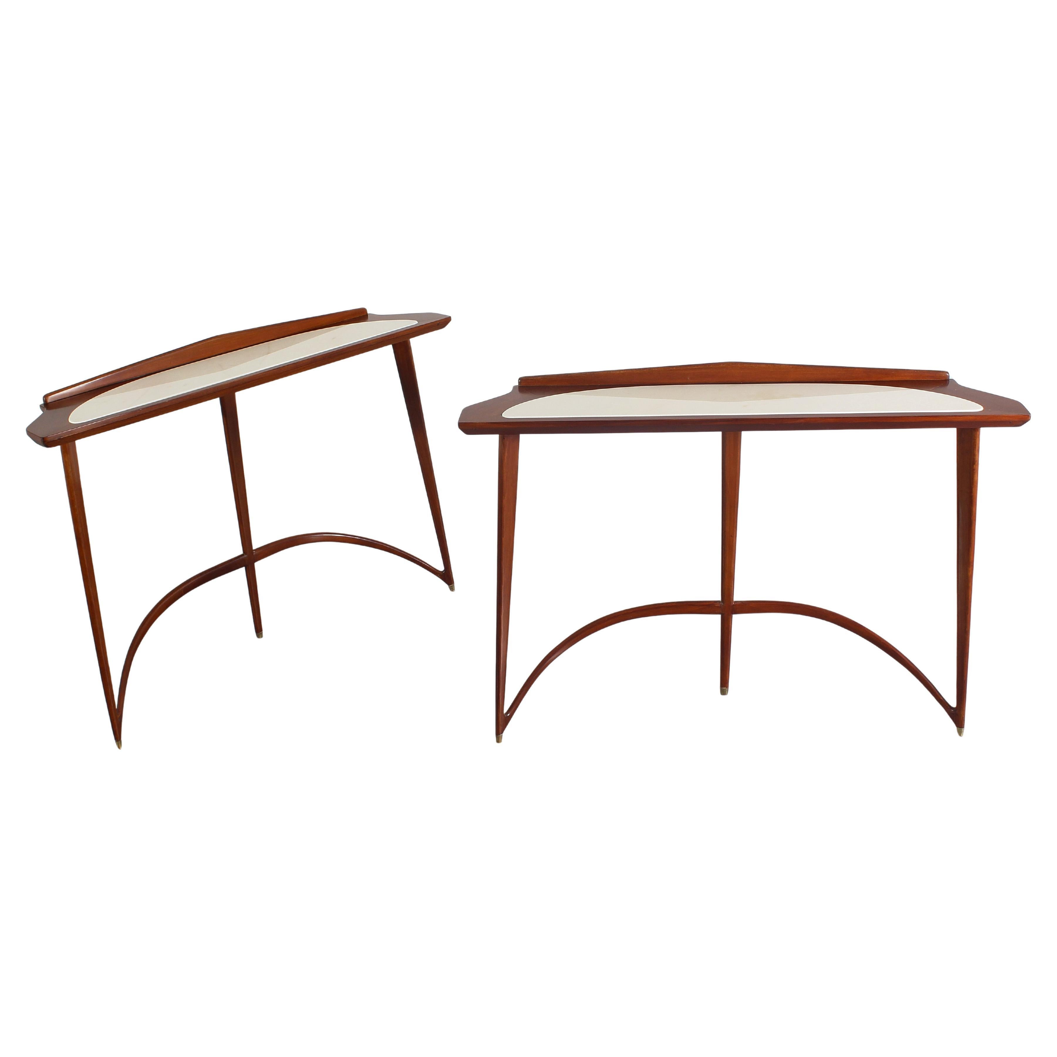 Mid-Century E. Rava Set of 2 Wood, Marble Console Table, 1950s, Italy For Sale
