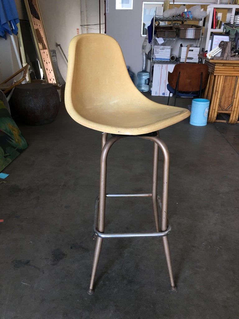 Mid Century Eames Style Fiberglass Shell Swivel Bar Stool, Pair For