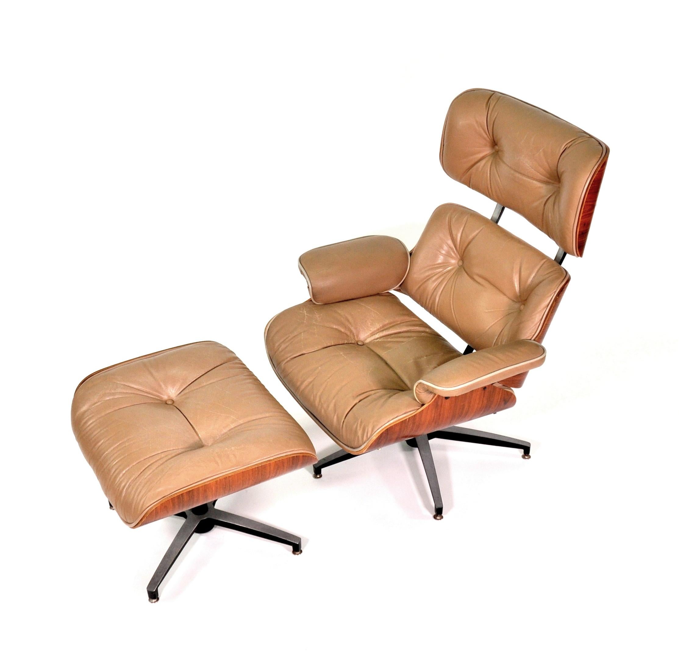 Walnut Midcentury Eames Style Leather Lounge Chair and Ottoman