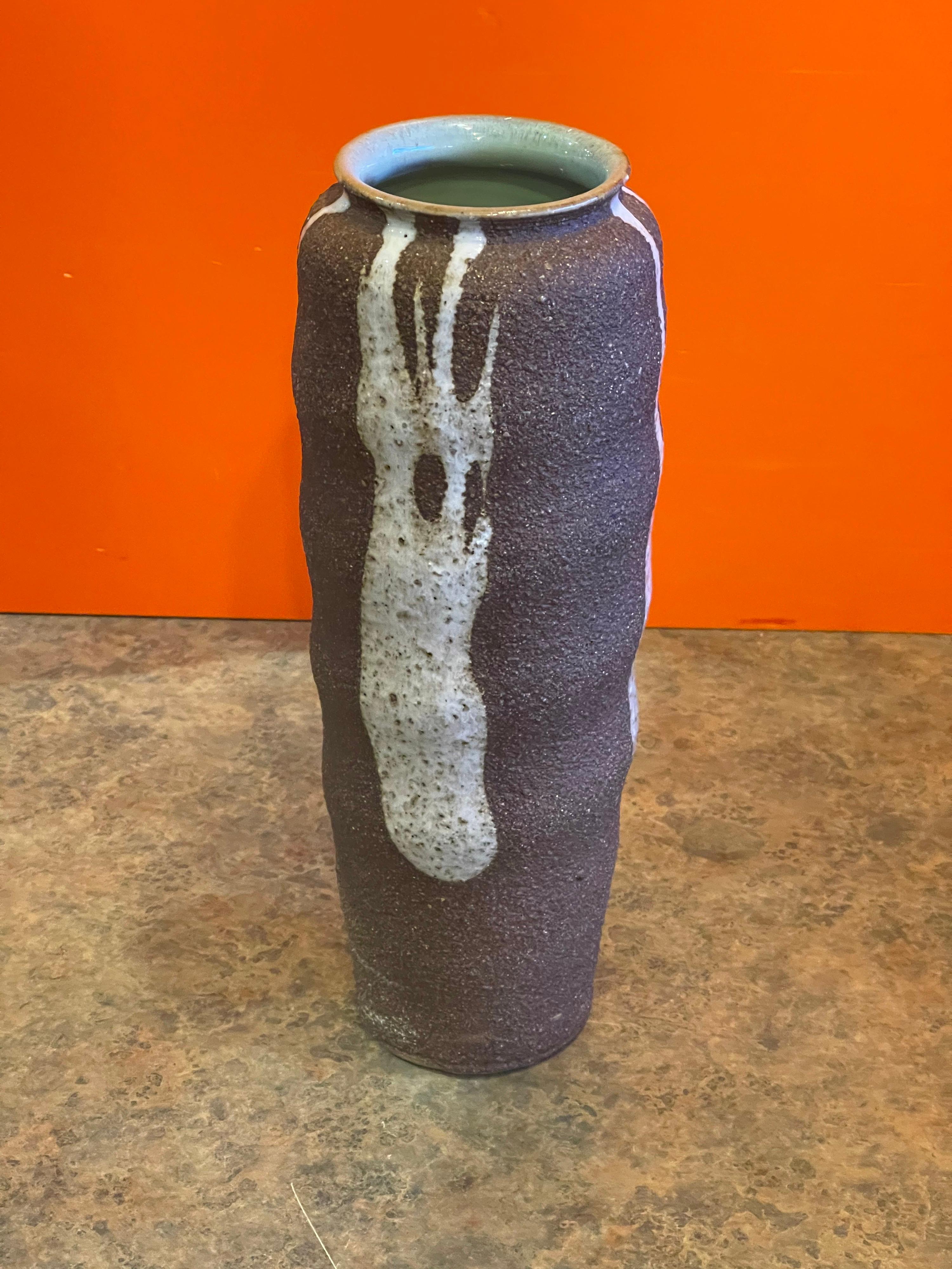 Glazed Mid-Century Earthenware Pottery Vase with Drip Glaze For Sale