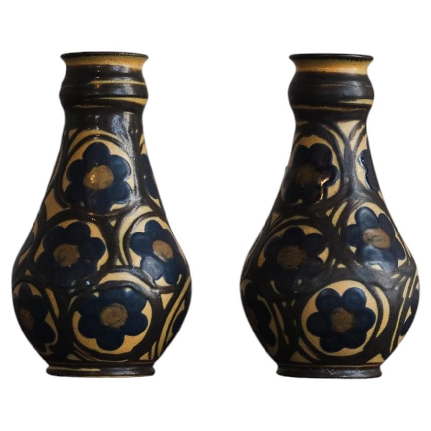Mid-Century Earthenware Vases, Hand-Painted Floral Design, Circa 1950s For Sale