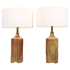 Mid-Century Earthy Glazed Table Lamps w/ Abstract Relief Design