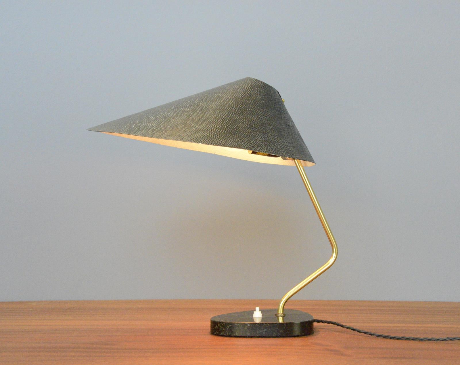 Mid century East German table lamps Circa 1960s

- Black marble bases
- On/Off switches on the bases
- Takes E27 fitting bulbs
- Textured shades
- Brass arm
- East German ~ 1960s
- 33cm wide x 43cm deep x 43cm tall

Condition