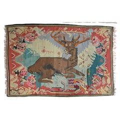 Mid-Century Eastern European Folk Art Kilim Wall Tapestry with Stylized Stag