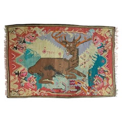 Mid-Century Eastern European Folk Art Kilim Wall Tapestry with Stylized Stag