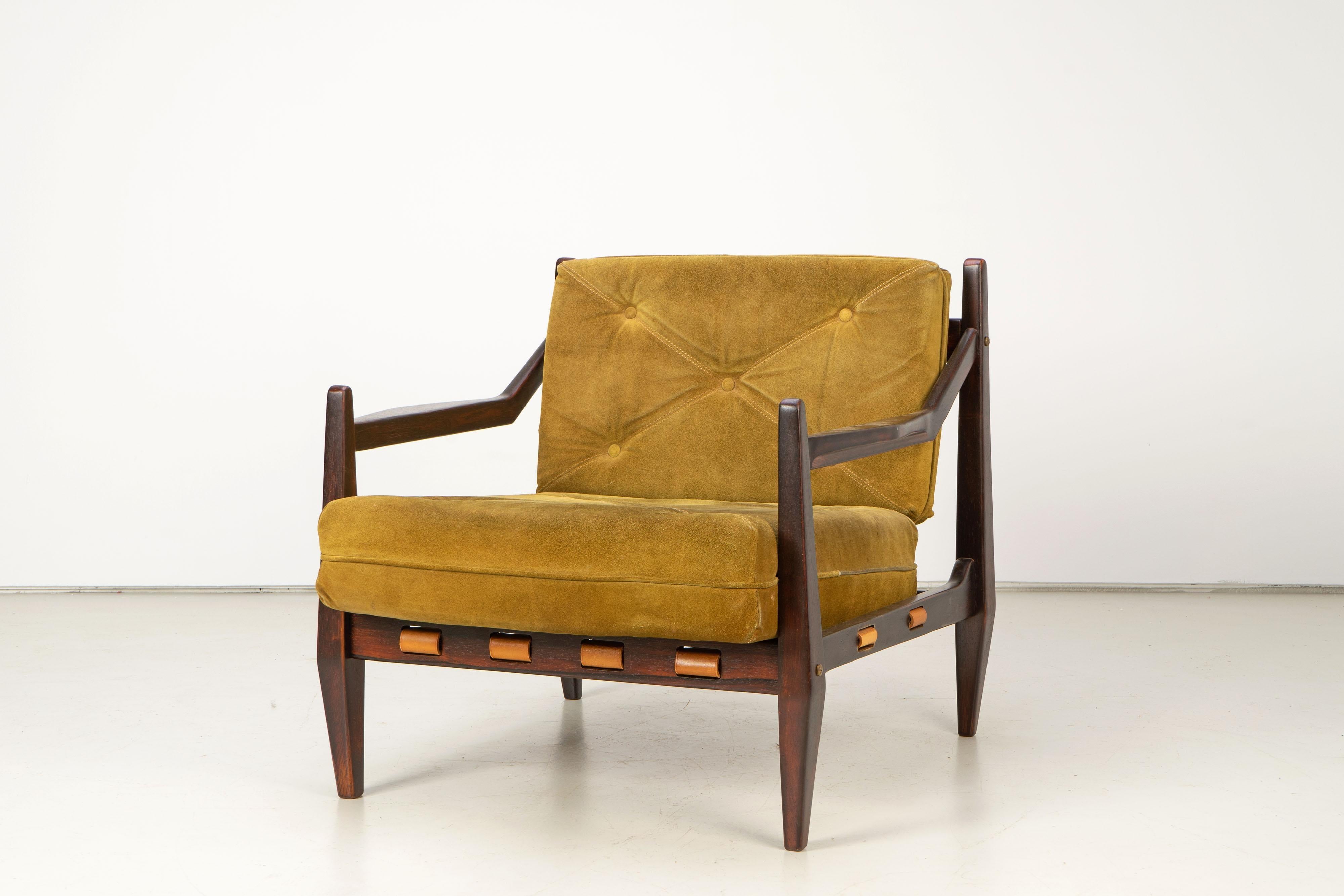 Brazilian Mid-Century Easy Chair by Jean Gillon Rosewood Suede, Brazil, 1960s
