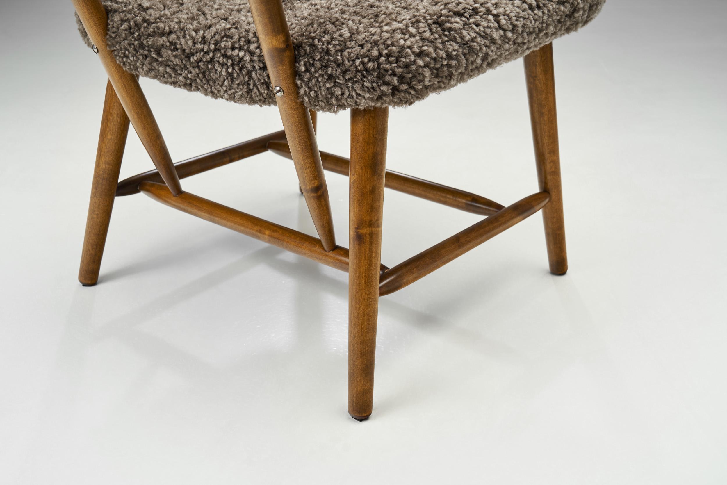Mid-Century Easy Chair with Dark Sheepskin Upholstery, Sweden 1950s  8