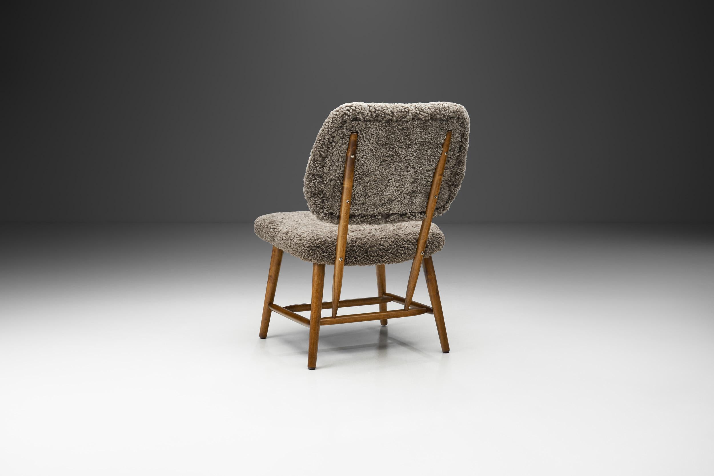 Scandinavian Modern Mid-Century Easy Chair with Dark Sheepskin Upholstery, Sweden 1950s 