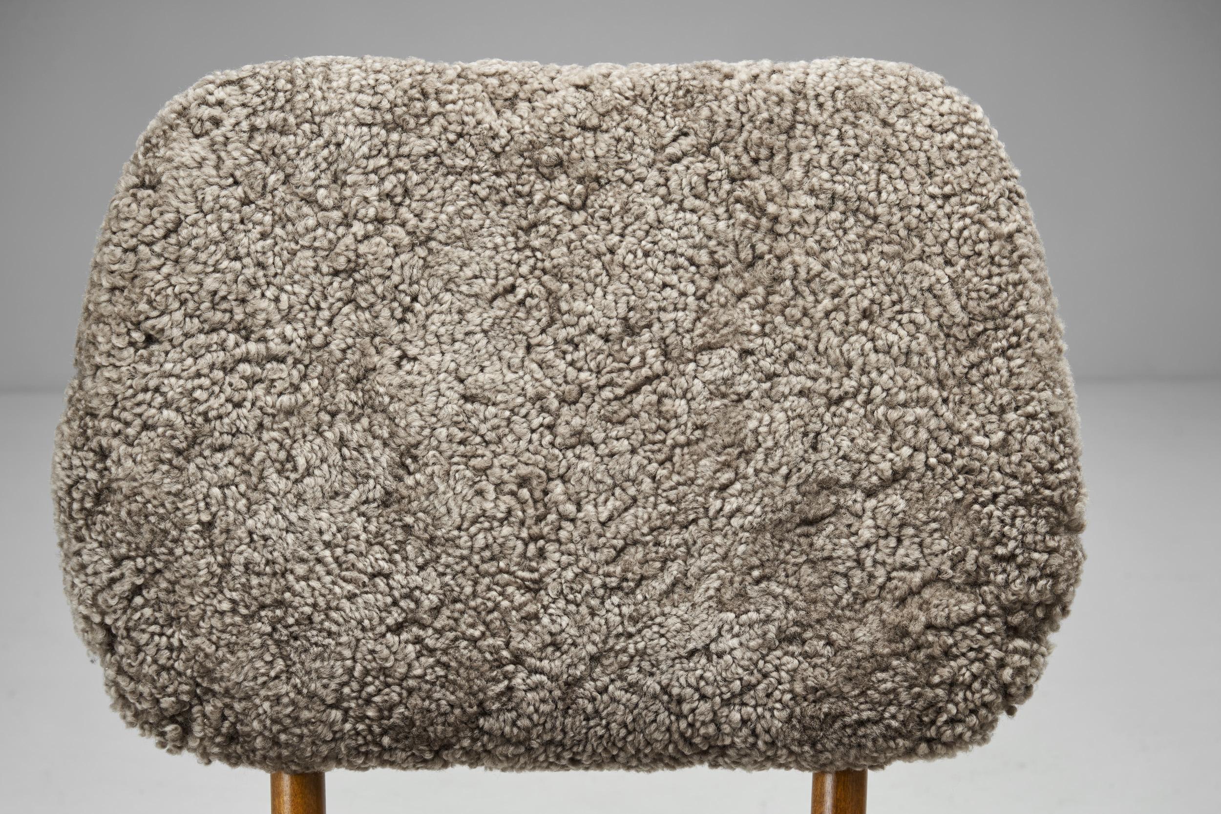 Mid-20th Century Mid-Century Easy Chair with Dark Sheepskin Upholstery, Sweden 1950s 