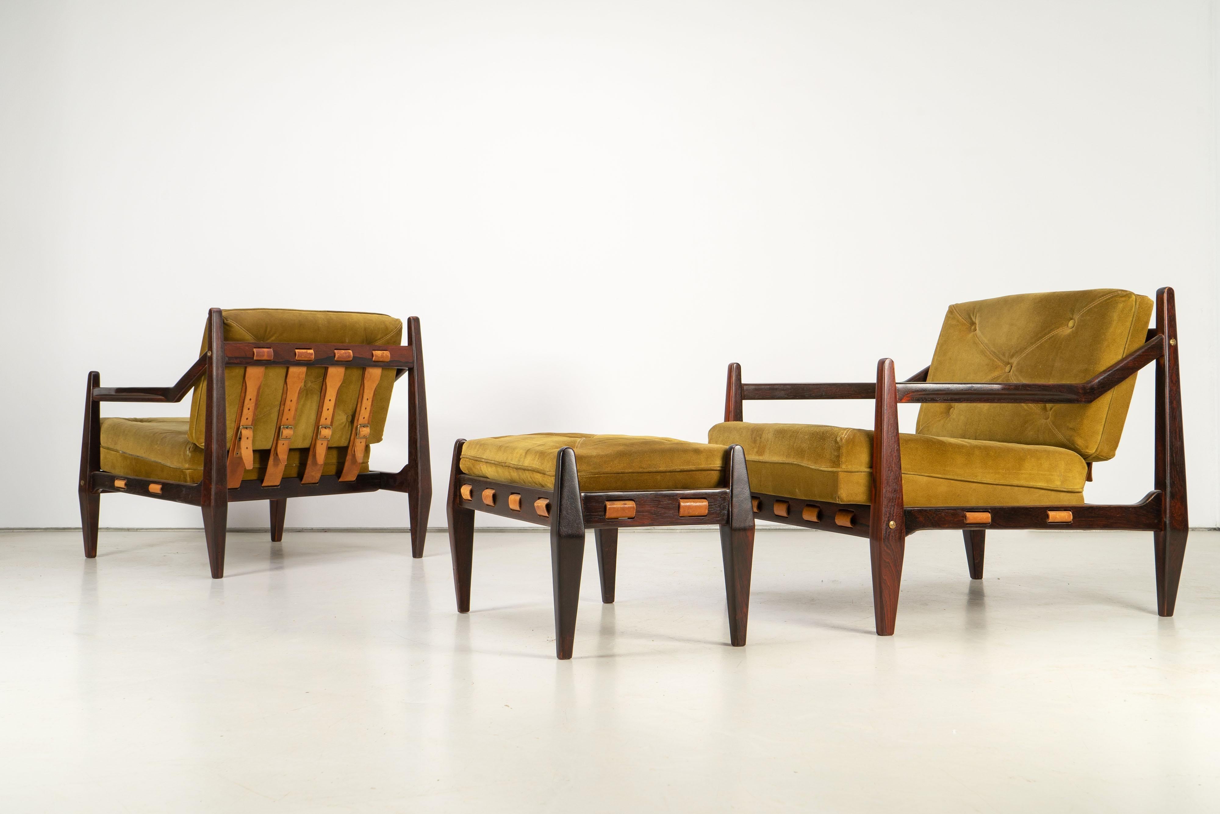 Mid-Century Easy Chair with Ottoman by Jean Gillon Rosewood Suede Brazil, 1960s 7