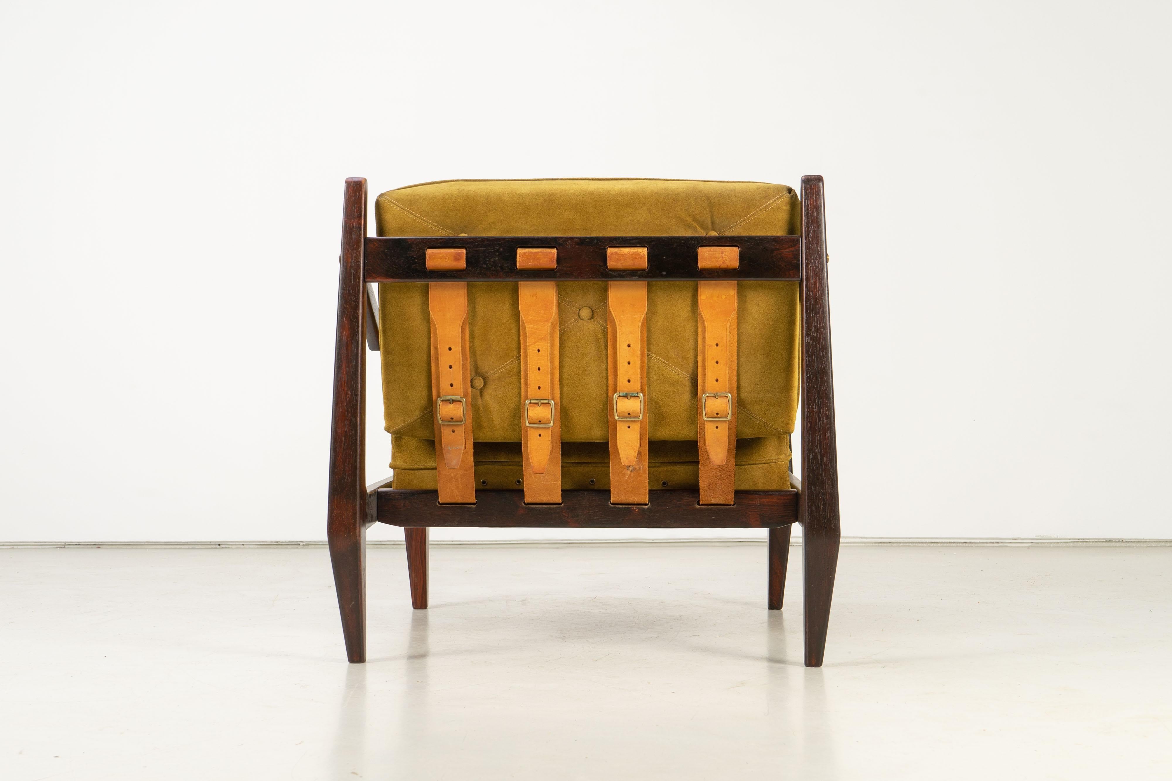 Brazilian Mid-Century Easy Chair with Ottoman by Jean Gillon Rosewood Suede Brazil, 1960s