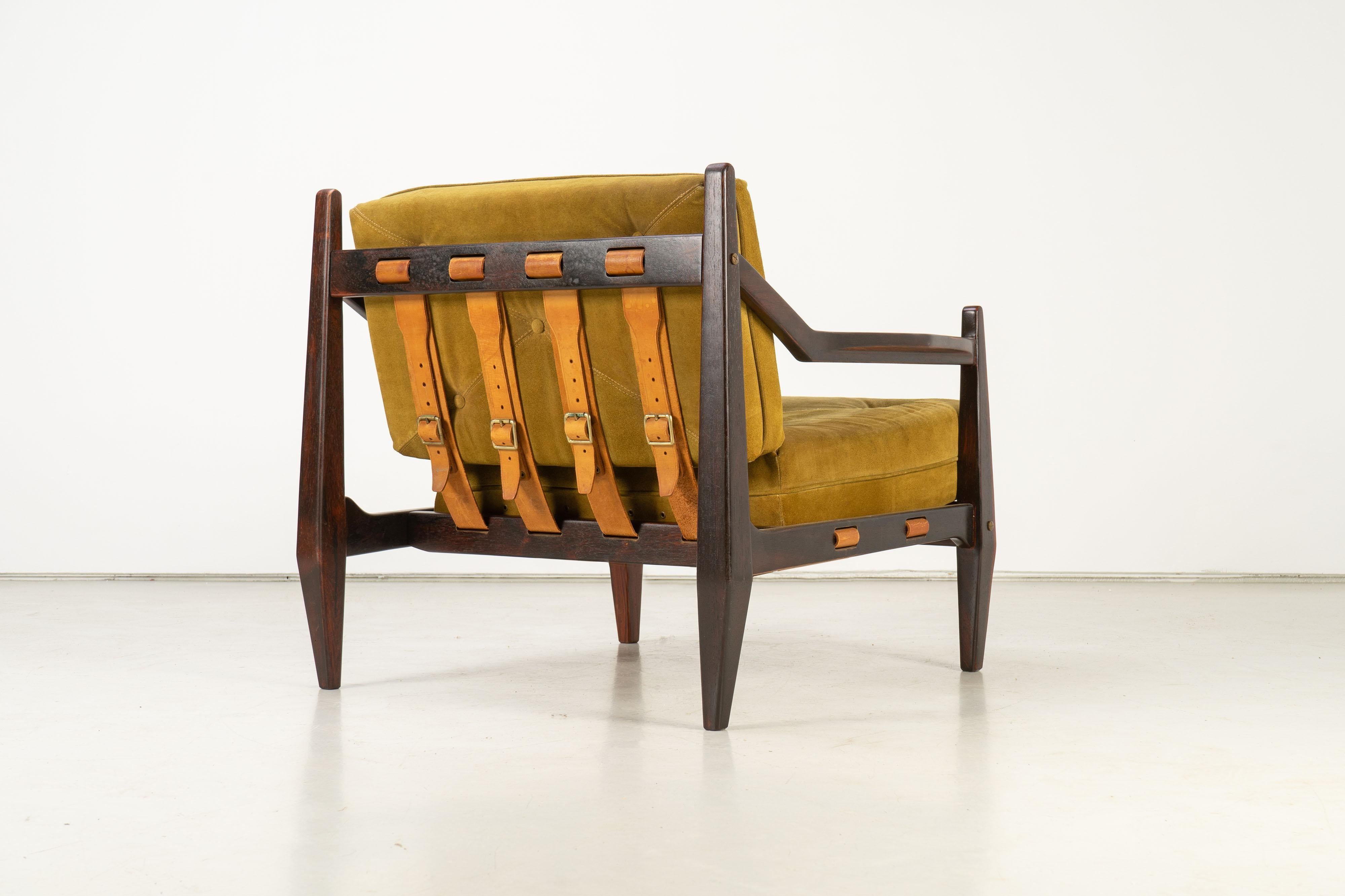 Mid-Century Easy Chair with Ottoman by Jean Gillon Rosewood Suede Brazil, 1960s In Good Condition In Rosendahl, DE