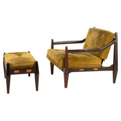 Mid-Century Easy Chair with Ottoman by Jean Gillon Rosewood Suede Brazil, 1960s