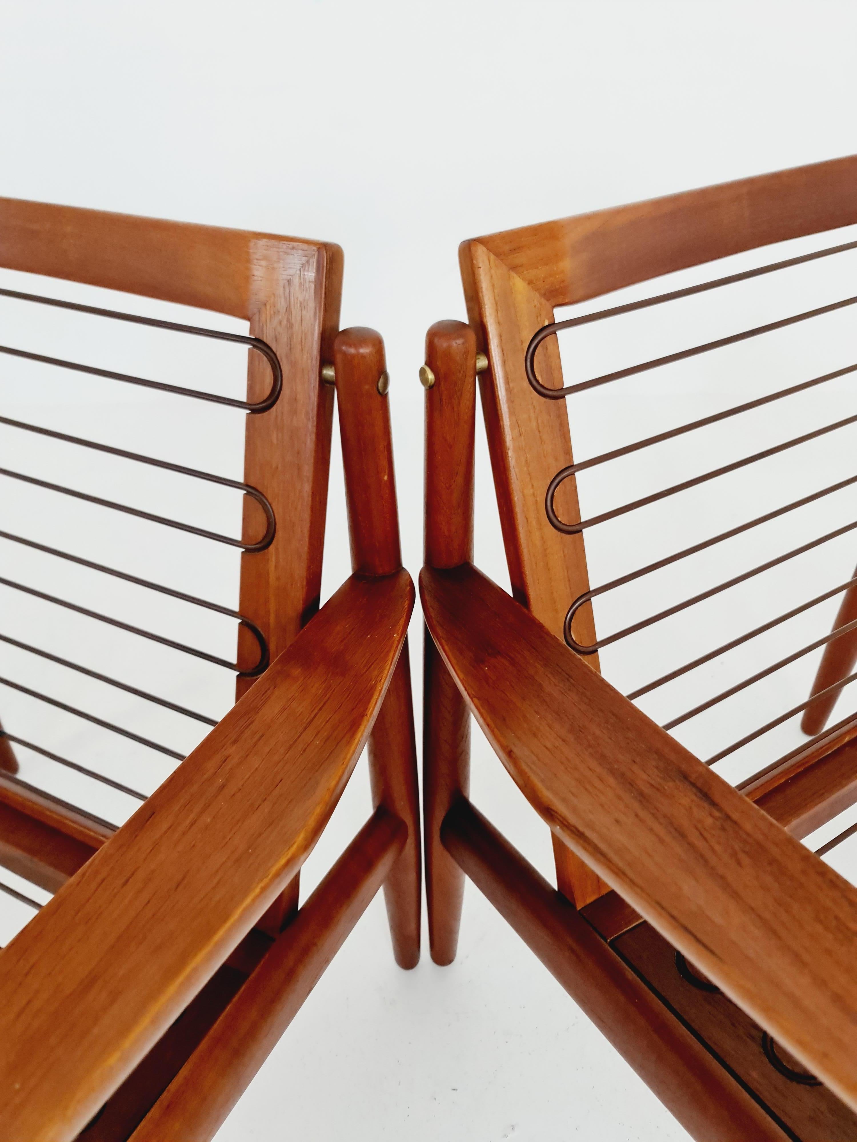 Mid century easy lounge chairs by Grete Jalk, Denmark, teak & brass, Set of 2 For Sale 6
