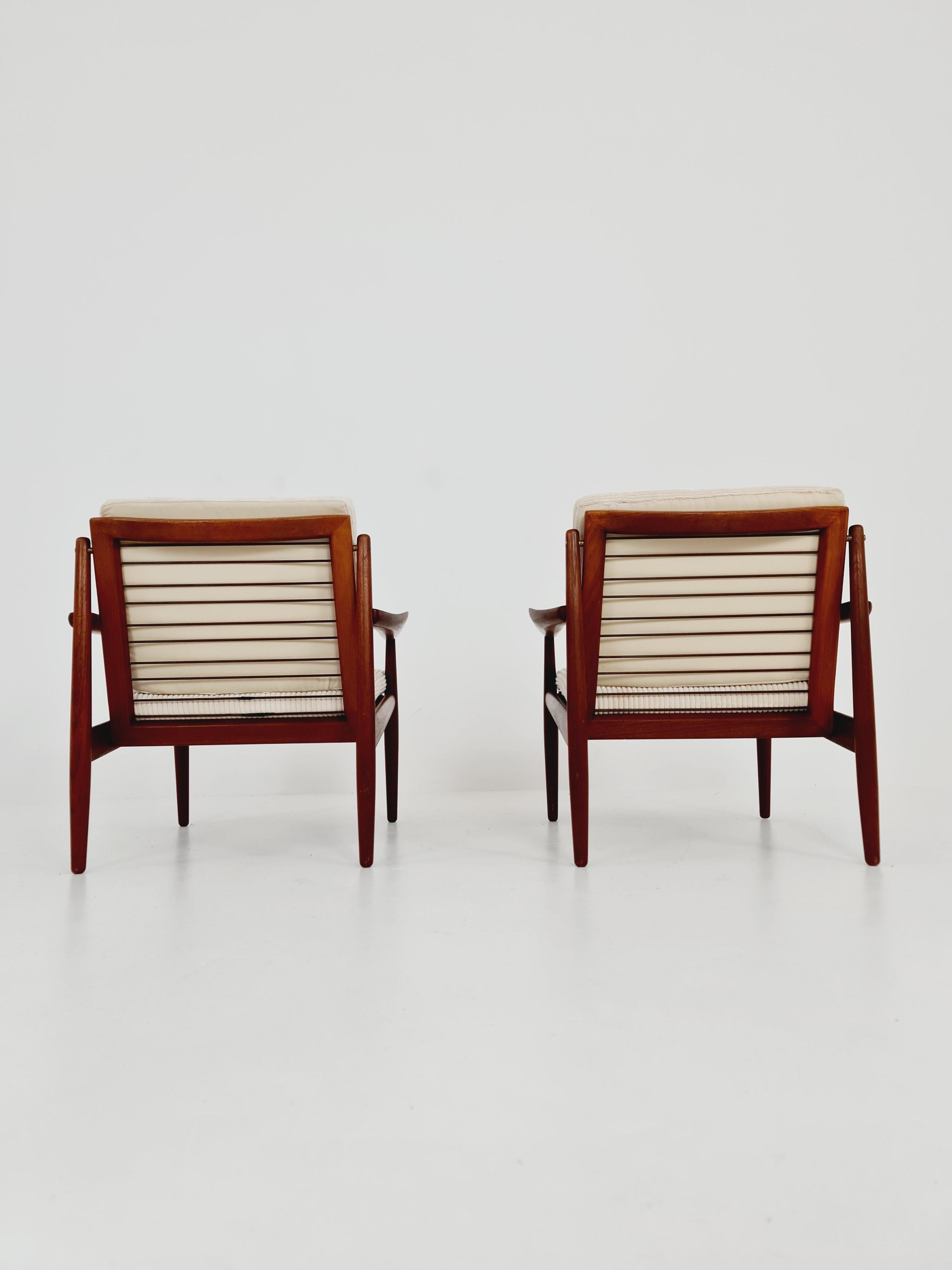 Danish Mid century easy lounge chairs by Grete Jalk, Denmark, teak & brass, Set of 2 For Sale