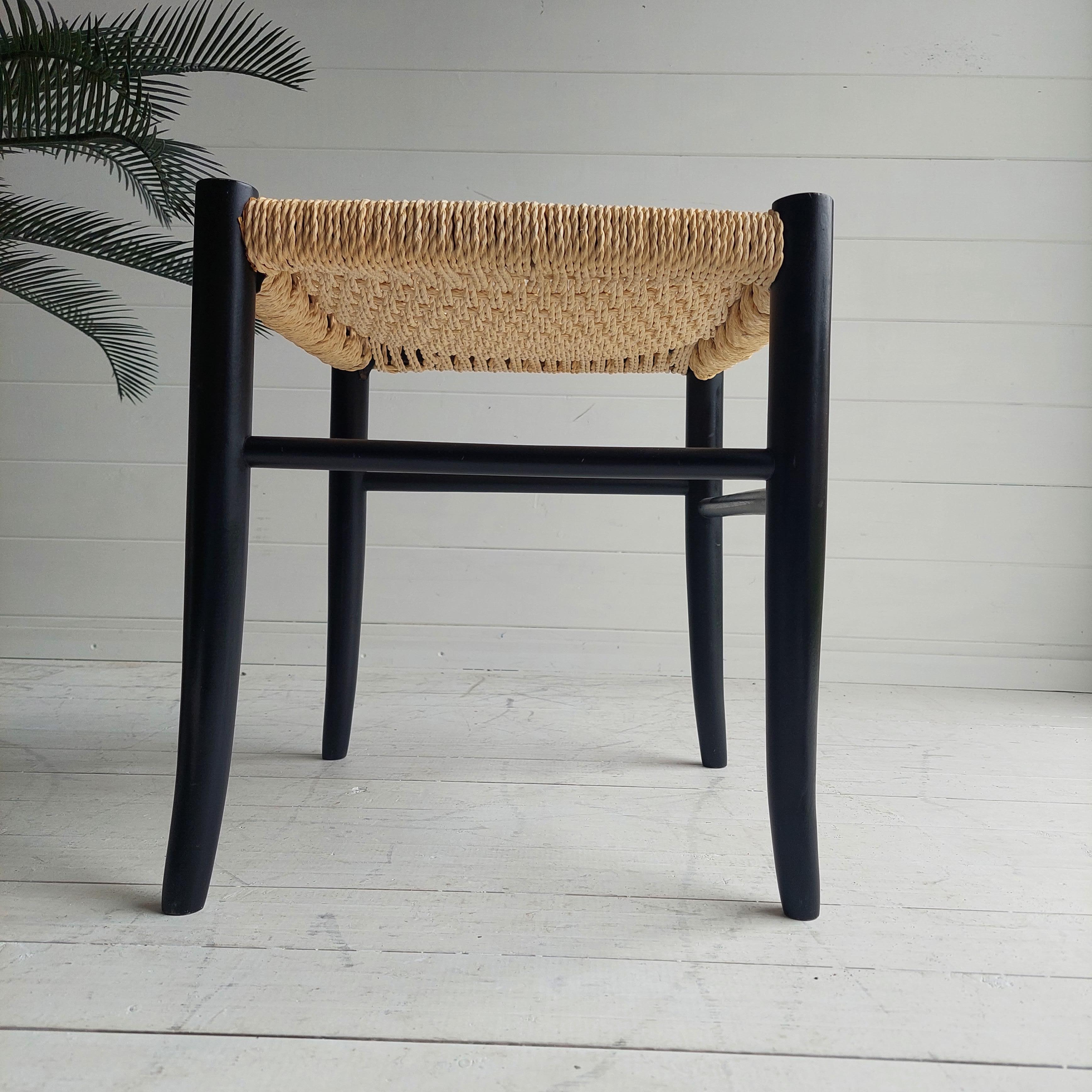 Mid Century Ebonised & Woven Seagrass Italian Stool Gio Ponty Style, 1950s In Good Condition In Leamington Spa, GB