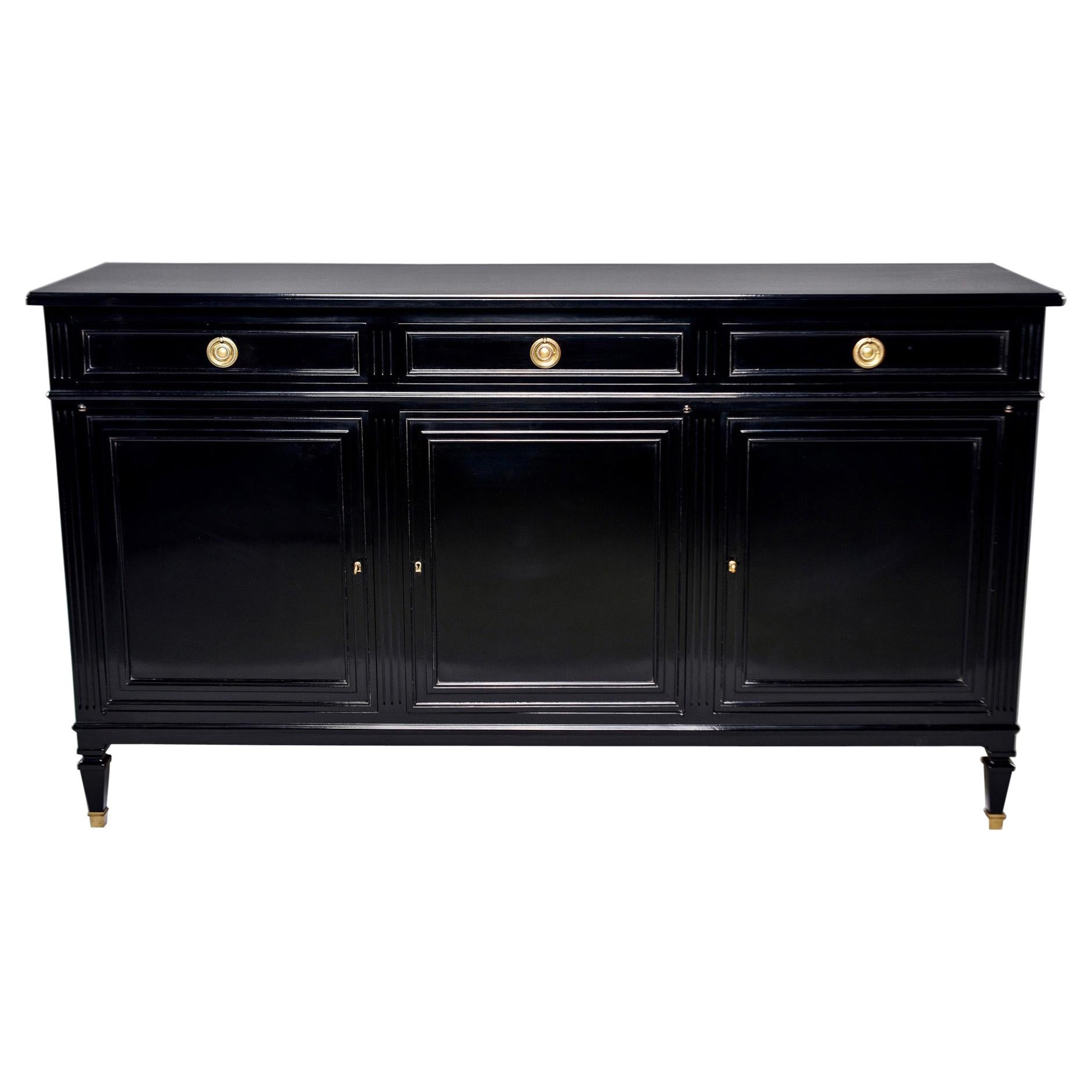 Mid Century Ebonized Commode or Buffet with Three Drawers and Three Doors
