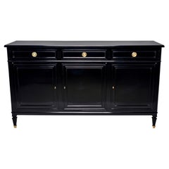 Mid Century Ebonized Commode or Buffet with Three Drawers and Three Doors