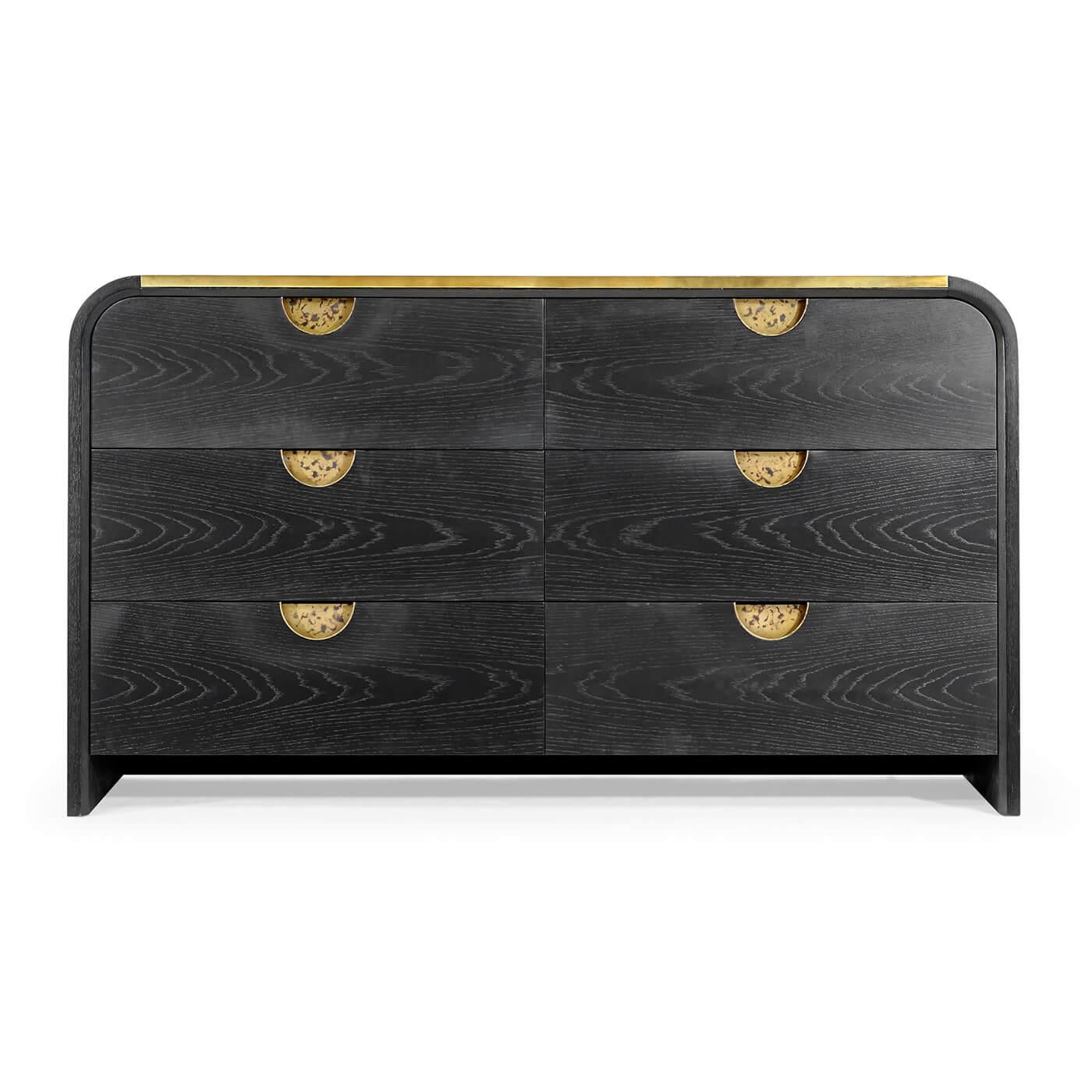 Mid-Century Modern style ebonized oak six-drawer dresser with an applied brass top and handles.

Dimensions: 64