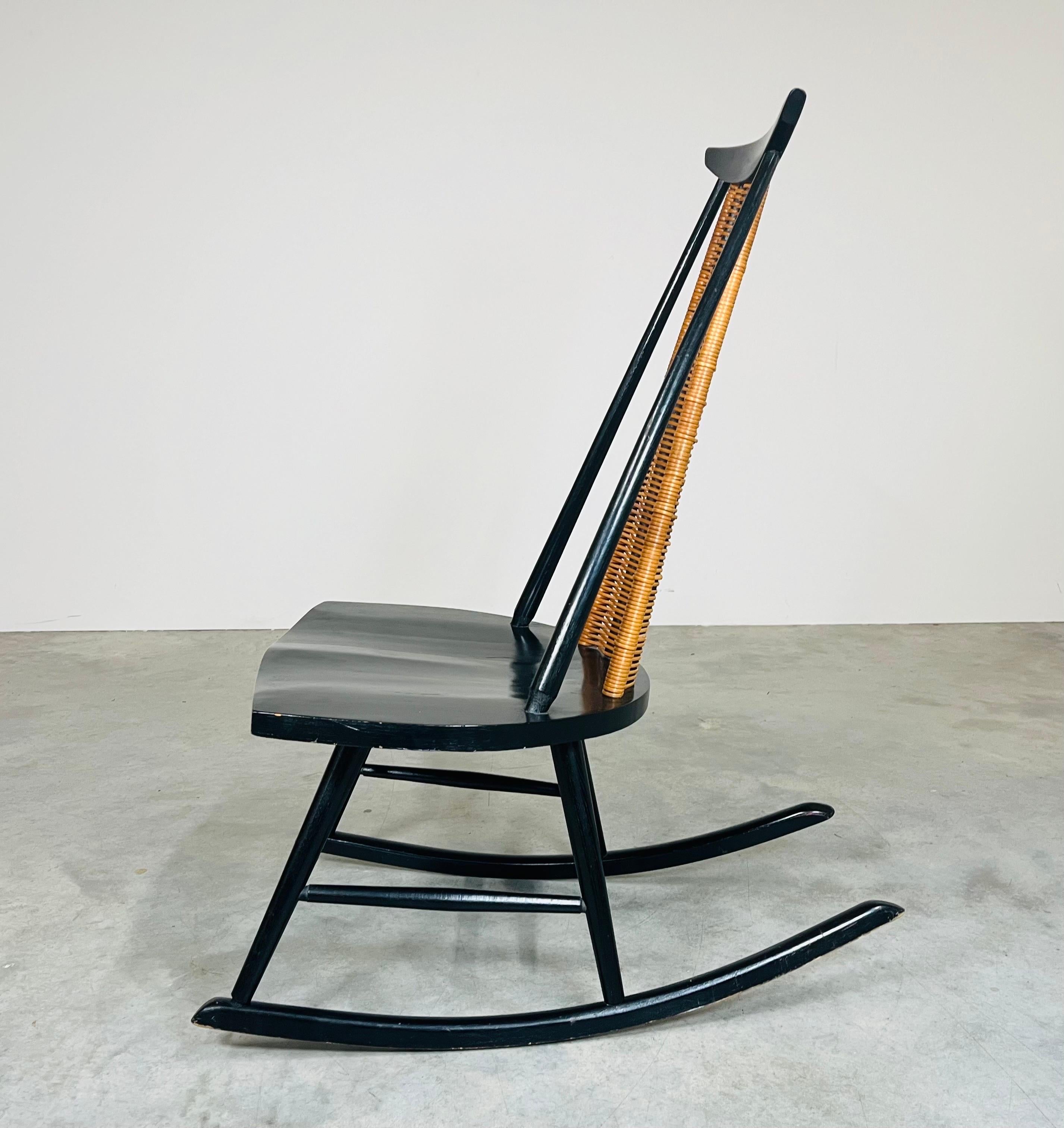 Cane Mid-Century Ebonized Rocker or Rocking Chair by Arthur Umanoff for Shaver Howard For Sale